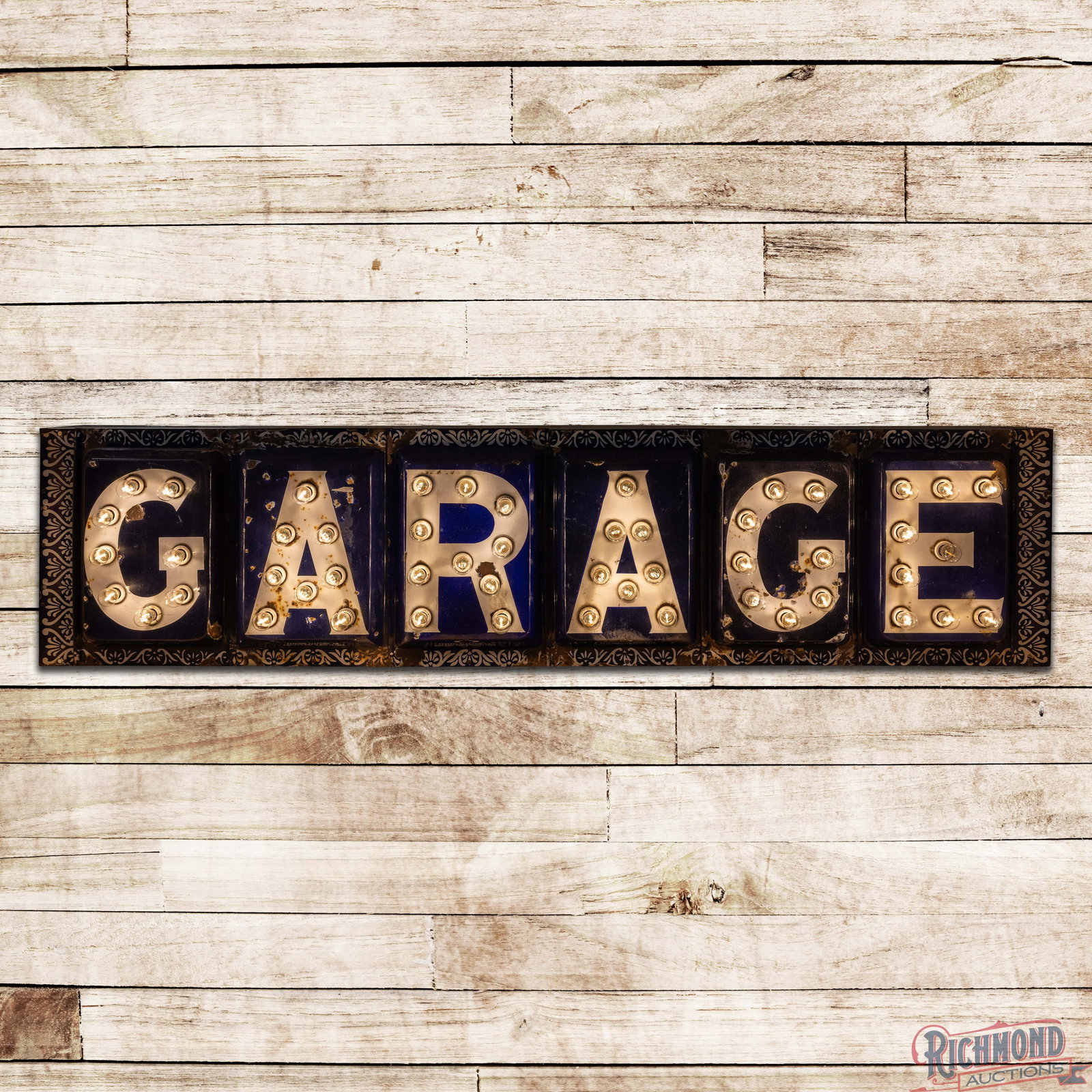 Scarce Garage 8.5' Multi-Piece Single Sided Porcelain Lighted Sign w/ Bulbs: SSP (single sided porcelain) multi-piece sign with bulbs and a new metal can has good color and gloss. The sign features raised lettering with factory Federal Electric bulb sockets and a decorative pe
