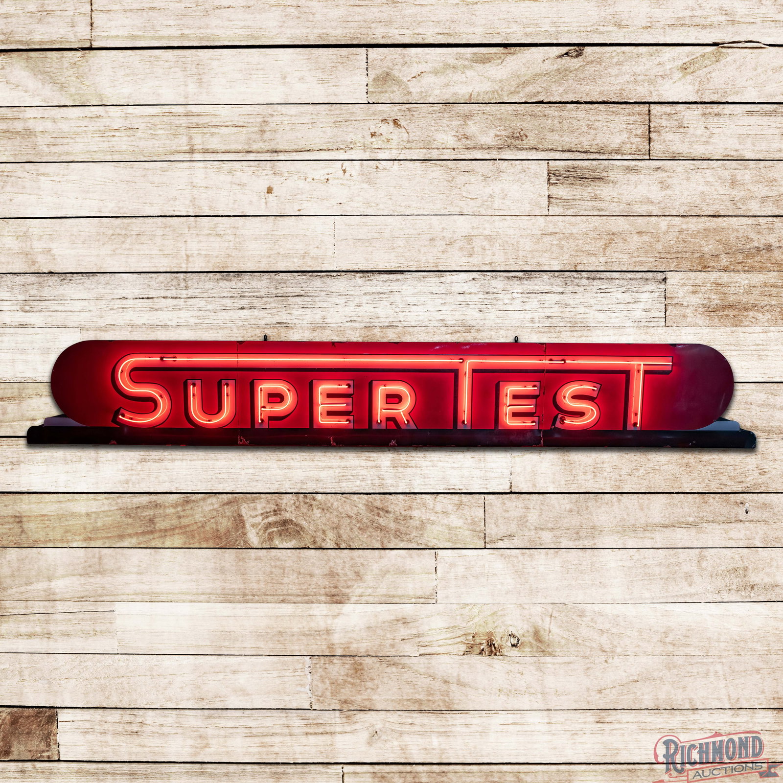 Super Test Gasoline 20' Single Sided Porcelain Factory Neon Sign "Large" Tampa Florida: SSP (single sided porcelain) rolled-edge factory neon sign with a metal can has good color and gloss. The display has light wear with small chips and cloudiness to the red porcelain enamel. The perime