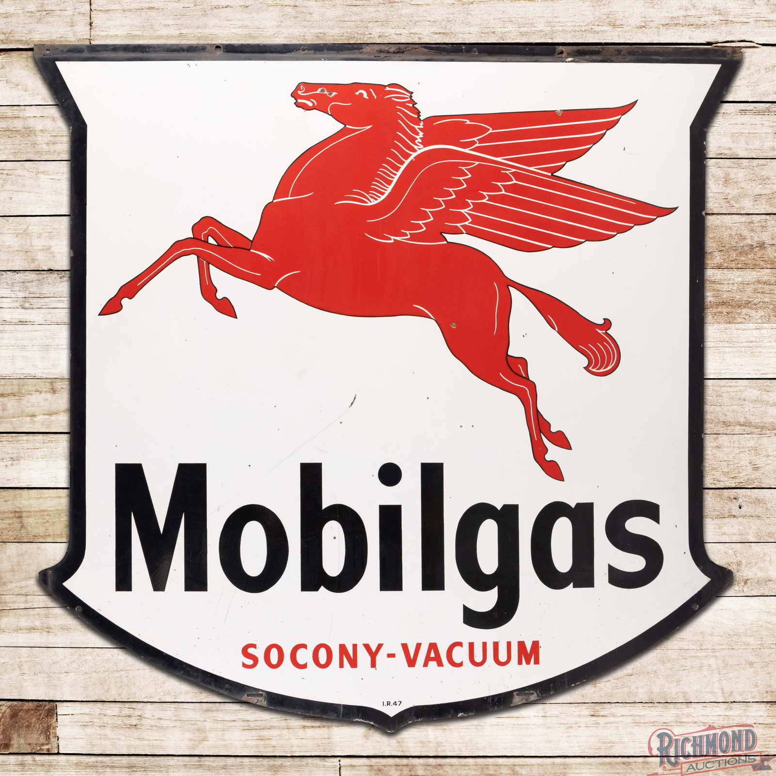 1947 Mobilgas Socony Vacuum 6' Double Sided Porcelain ID Sign w/ Pegasus "West Coast": DSP (double sided porcelain) die cut sign has very good color and gloss. Side #1 has tiny chips in the fields with fine scratches in the lower lettering. The perimeter has areas of discoloration with 