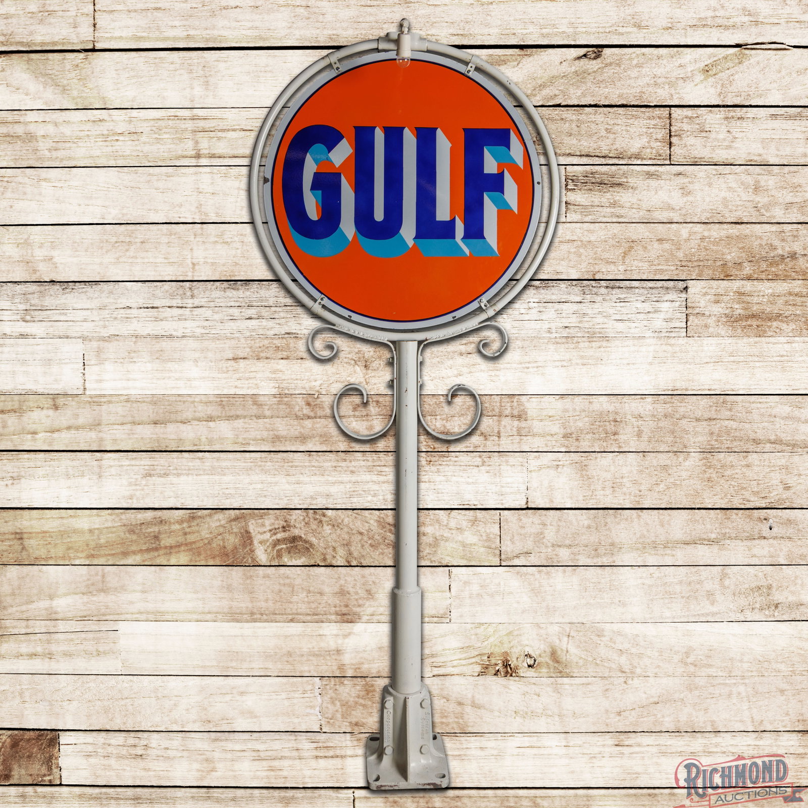 Gulf Gasoline 42" Double Sided Porcelain Service Station Sign w/ 9' Pole Ring & Lights: DSP (double sided porcelain) sign with pole, ring and lights has excellent color and gloss. Side #1 has a clean field with small factory blemishes. The perimeter has a small flake in the orange on the