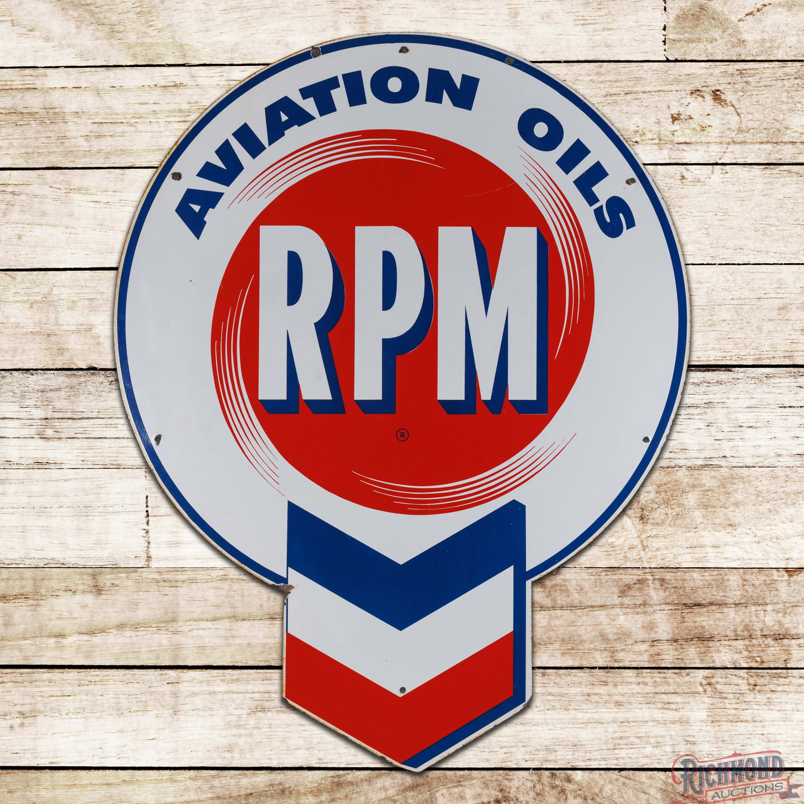 RPM Aviation Oils 5' Die Cut Single Sided Porcelain Sign w/ Chevron: SSP (single sided porcelain) die cut sign has excellent color and gloss. The display has light surface wear with marks, minor paper marks in the "R", and a scratch above the "M" in RPM. The outer fiel