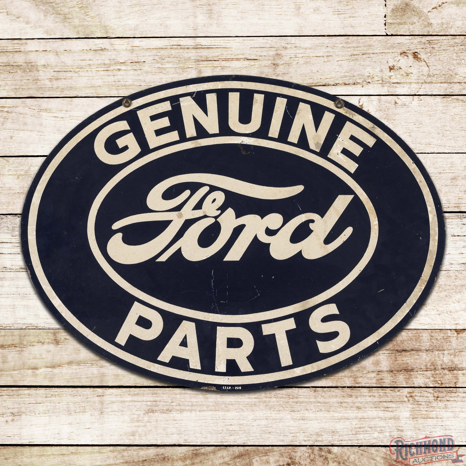 Scarce Ford Genuine Parts 27.5" Double Sided Tin Smaltz Sign: Outstanding DST (double sided tin) smaltz painted sign has excellent color and shine. The display has a paint chip in the field with light wear and fine scratches in the outer fields. The perimeter ha