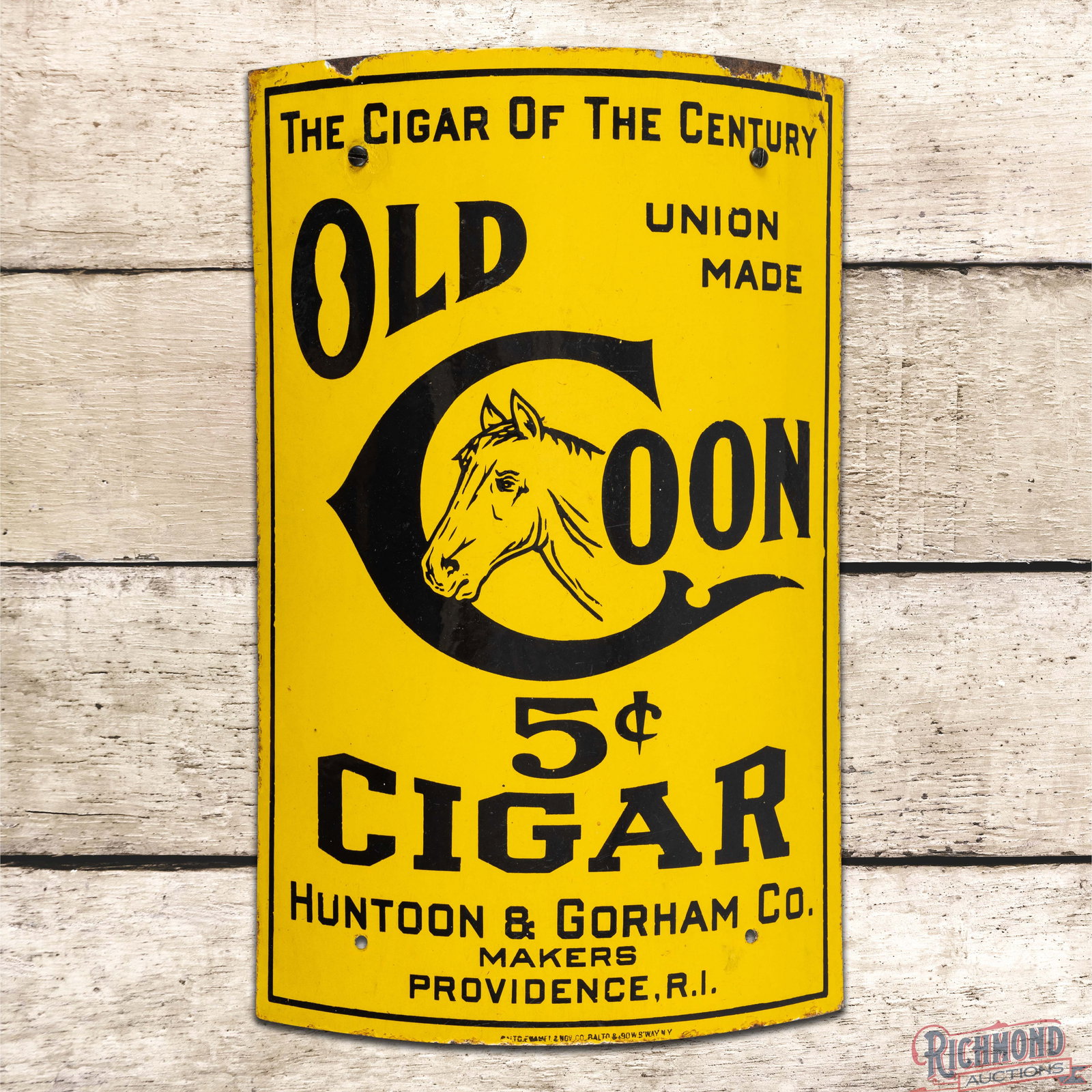 Old Coon 5 Cent Cigars Curved Single Sided Porcelain Sign w/ Horse Logo Providence RI: Rare SSP (single sided porcelain) curved sign has excellent color and gloss. The display has light surface wear throughout with a color matched chip at the upper left and lower right mounting holes. T