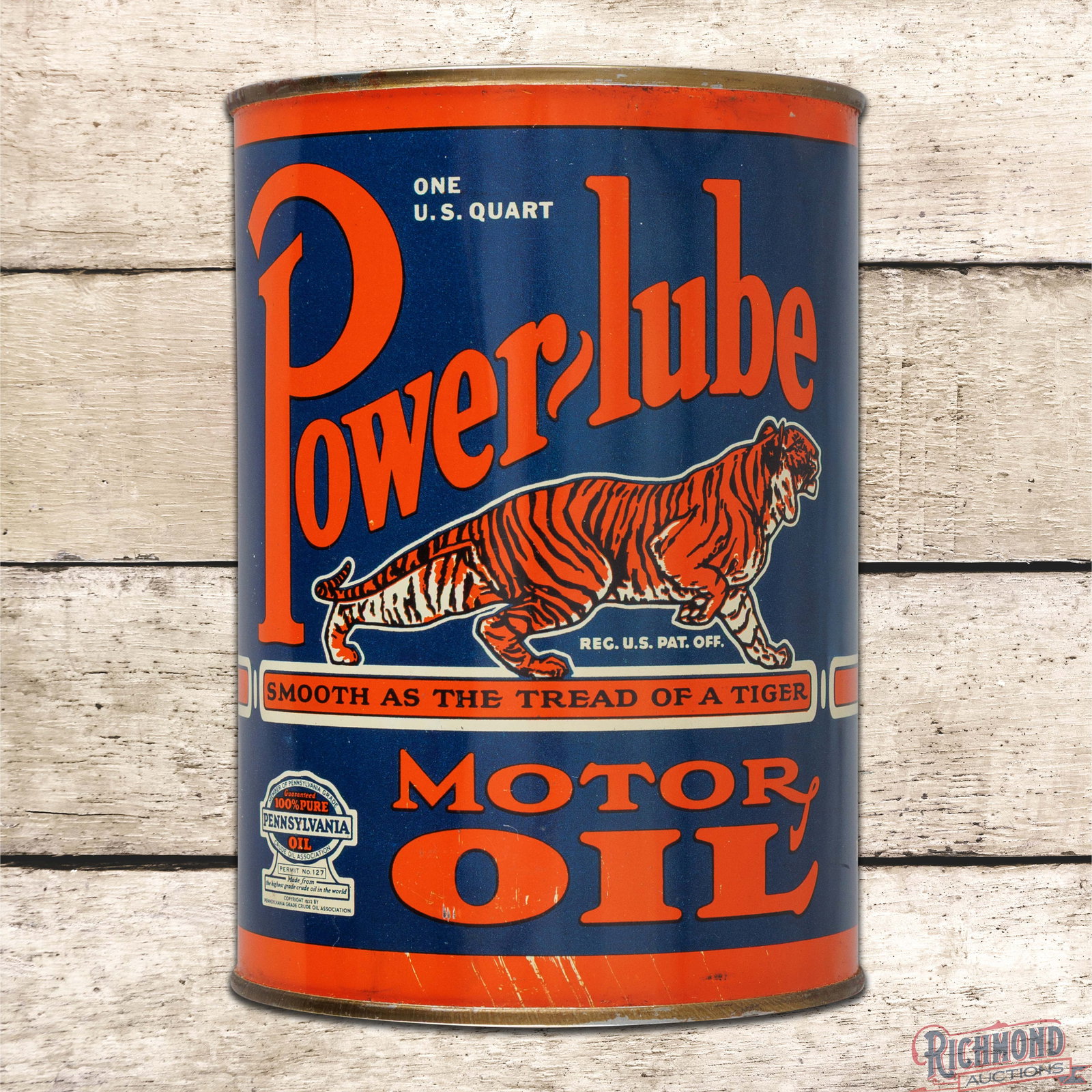 NOS Powerlube Motor Oil "Smooth as the Tread of a Tiger" FULL 1 Quart Metal Can: NOS (new old stock) full metal quart has excellent color and shine. The display features a clean tiger graphic with small indentations along the upper edges and small scuffs along the lower edges. The