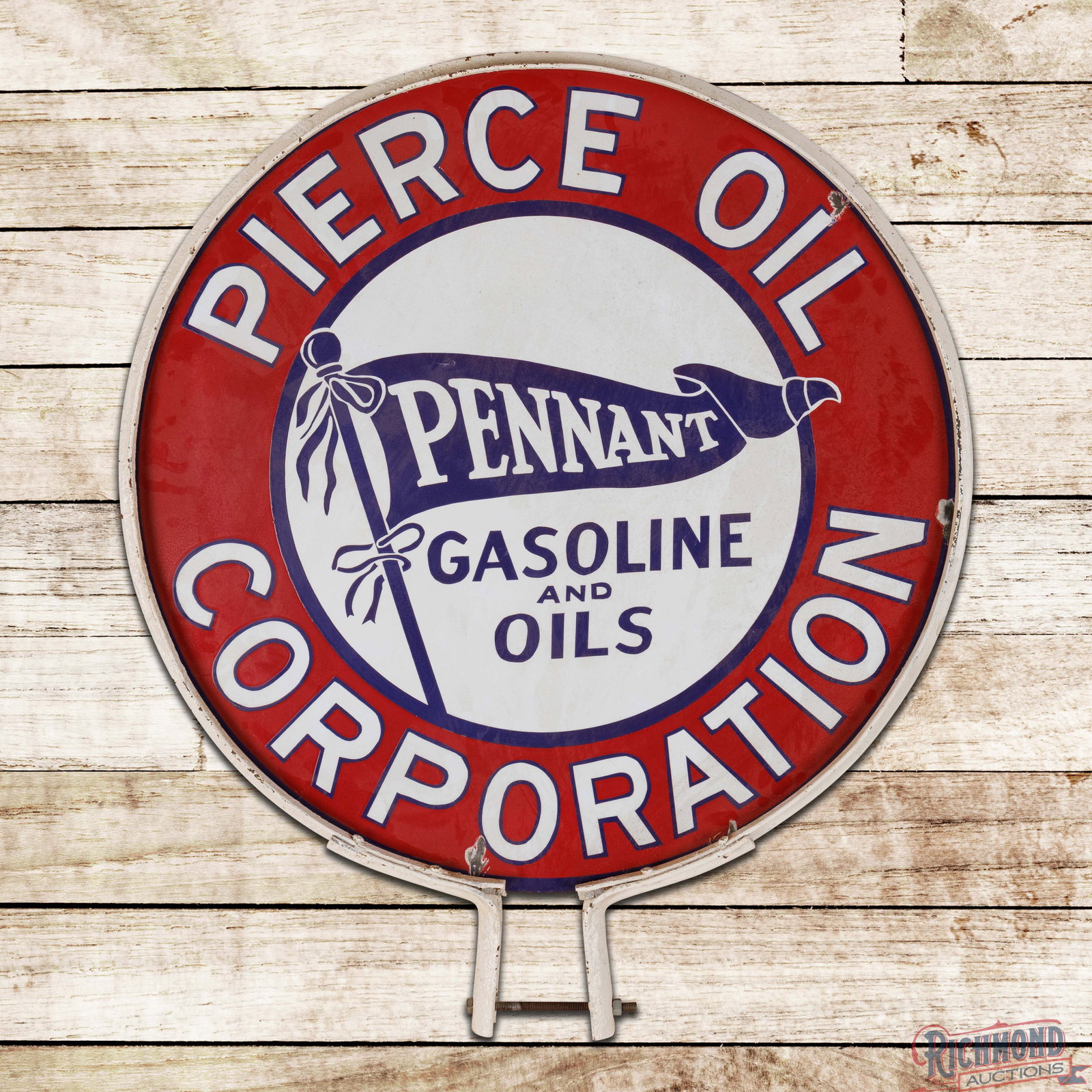 Rare Pierce Pennant Gasoline and Oils 30" Double Sided Porcelain Sign w/ Ring: DSP (double sided porcelain) sign with a factory lollipop ring has been restored. Side #1 has small surface imperfections in the fields with chips along the outer edges. The reverse is in a similar co