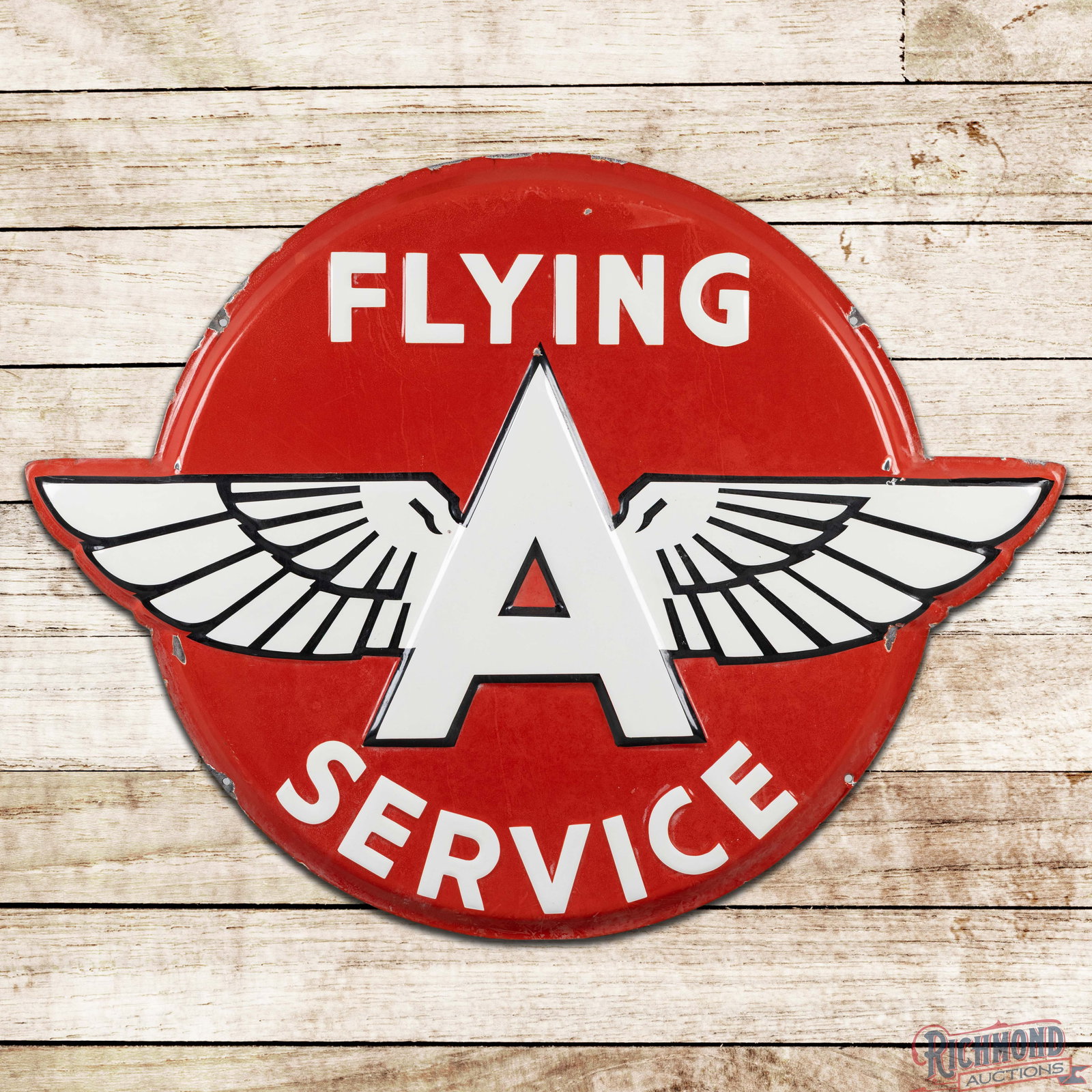 Flying A Service 42" Emb. Single Sided Porcelain Logo Sign: SSP (single sided porcelain) embossed die cut convex sign has good color and gloss. The field has two small chips with discoloration and cloudiness throughout the red porcelain. The perimeter has simi