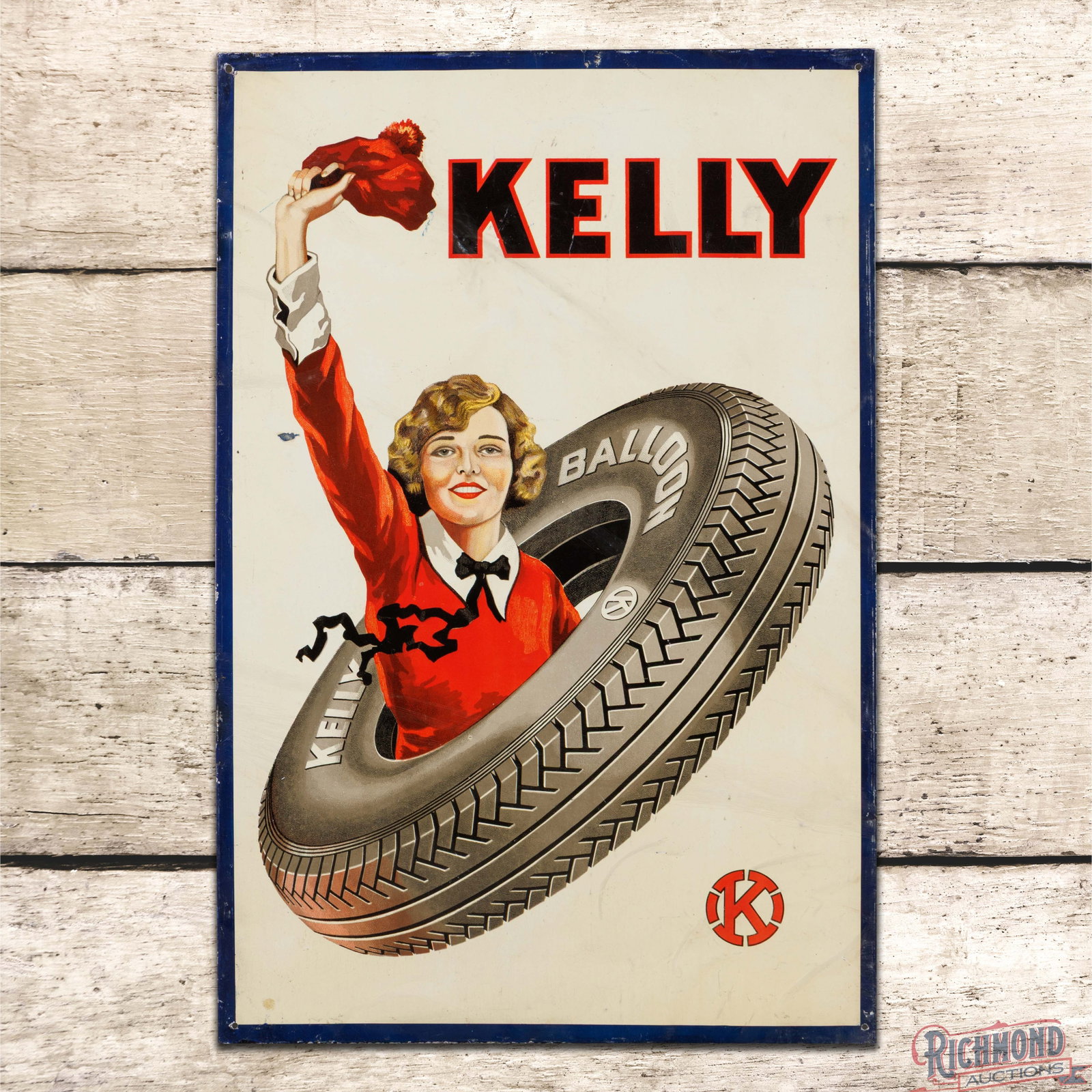 Amazing Kelly Balloon Tires 24" Single Sided Tin Sign w/ Lotta Miles & Tire (1 of 3)