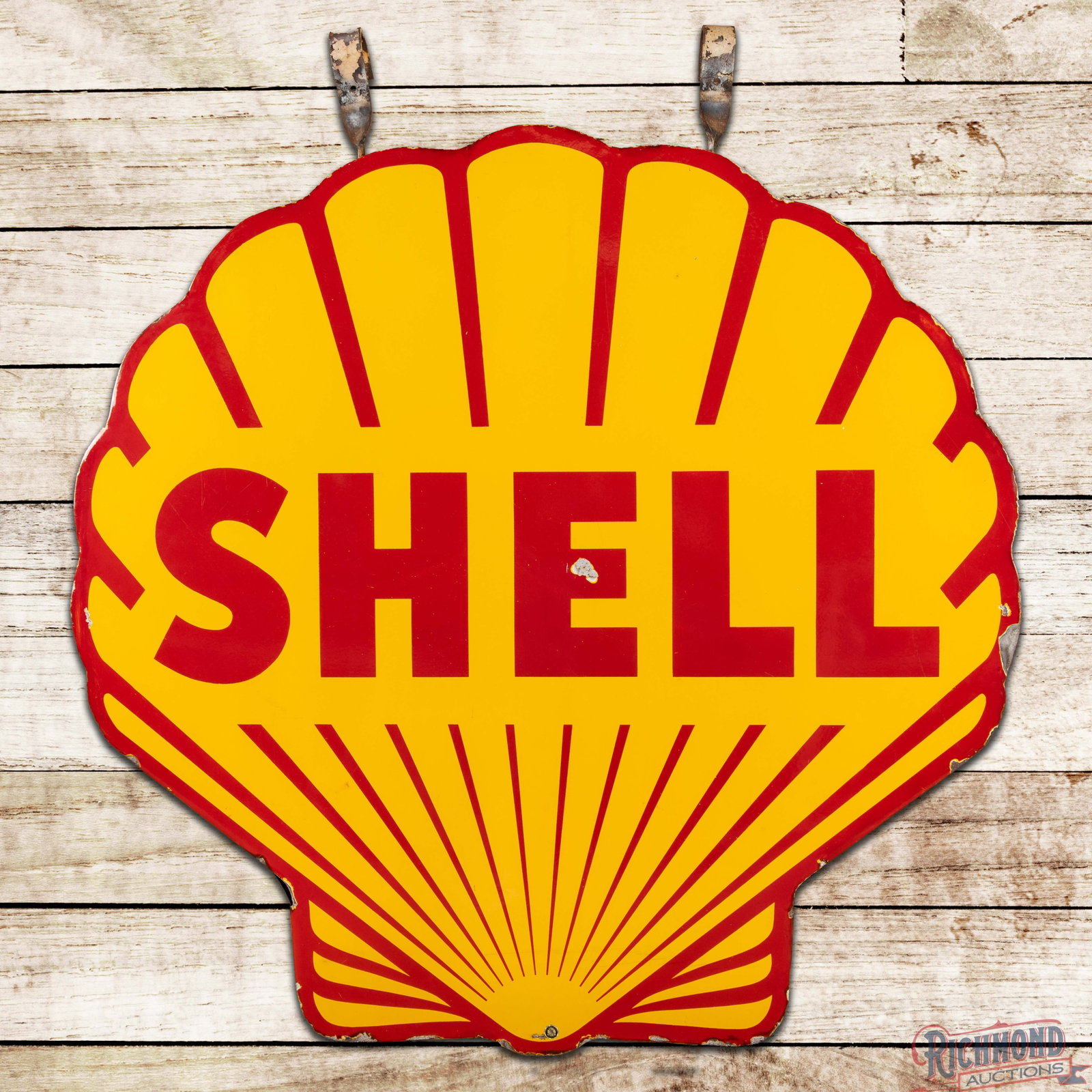 Shell Gasoline 5' Double Sided Porcelain Service Station Sign "Half Lines": Two SSP (single sided porcelain) signs mounted back to back on the original metal can with hangers have excellent color and gloss. The display has light wear with a chip above the "H" in the field. Th