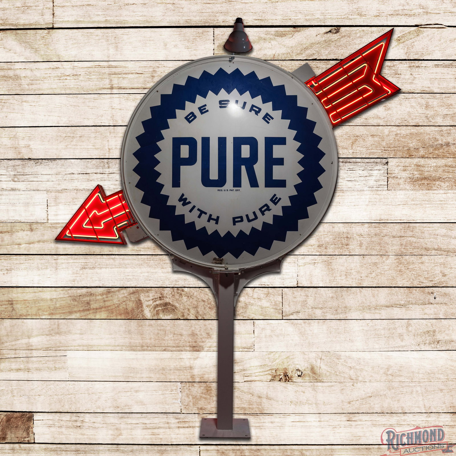 Be Sure With Pure Gasoline 6' Double Sided Porcelain ID Sign w/ Custom Mini Pole & Neon Arrow: DSP (double sided porcelain) sign with ring, lighted shade with custom mini pole, and added neon arrow has excellent color. The display has tiny chips with light surface wear. The perimeter has added 
