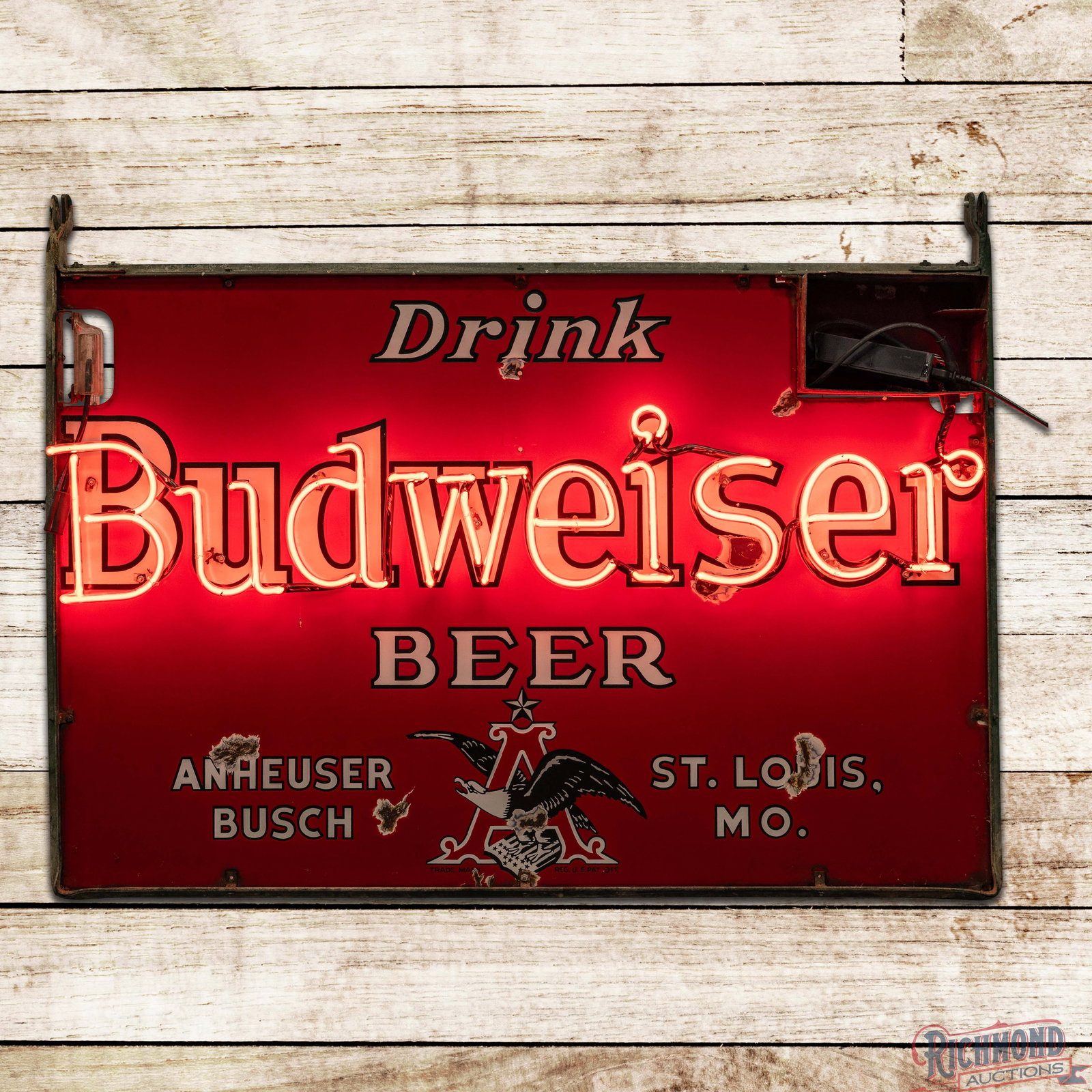 Drink Budweiser Beer 4' Double Sided Porcelain Factory Neon Sign w/ Frame "Eagle Logo" (1 of 5)