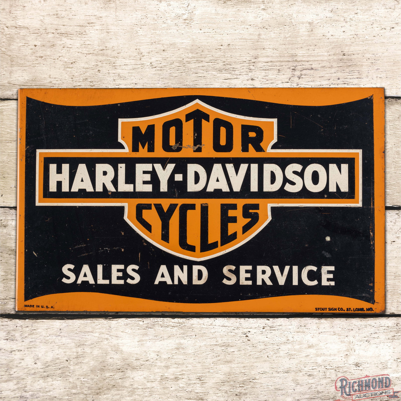 Harley Davidson Motor Cycles Sales & Service Double Sided Tin Flange Sign w/ Logo: Outstanding DST (double sided tin) flange has very good color and shine. The display has light wear with fine scratches and small paint chips. The perimeter has a tiny bend on the lower left corner. T