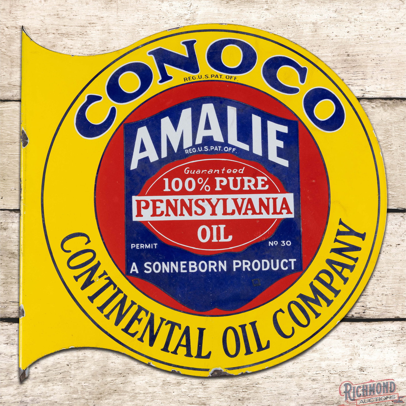 Rare Conoco Amalie 100% Pure Pennsylvania Motor Oil Double Sided Porcelain Flange Sign: DSP (double sided porcelain) flange has very good color and gloss. The display has small bruises with slight cloudiness to the blue porcelain enamel and a small chip in the first "N" of Continental. T