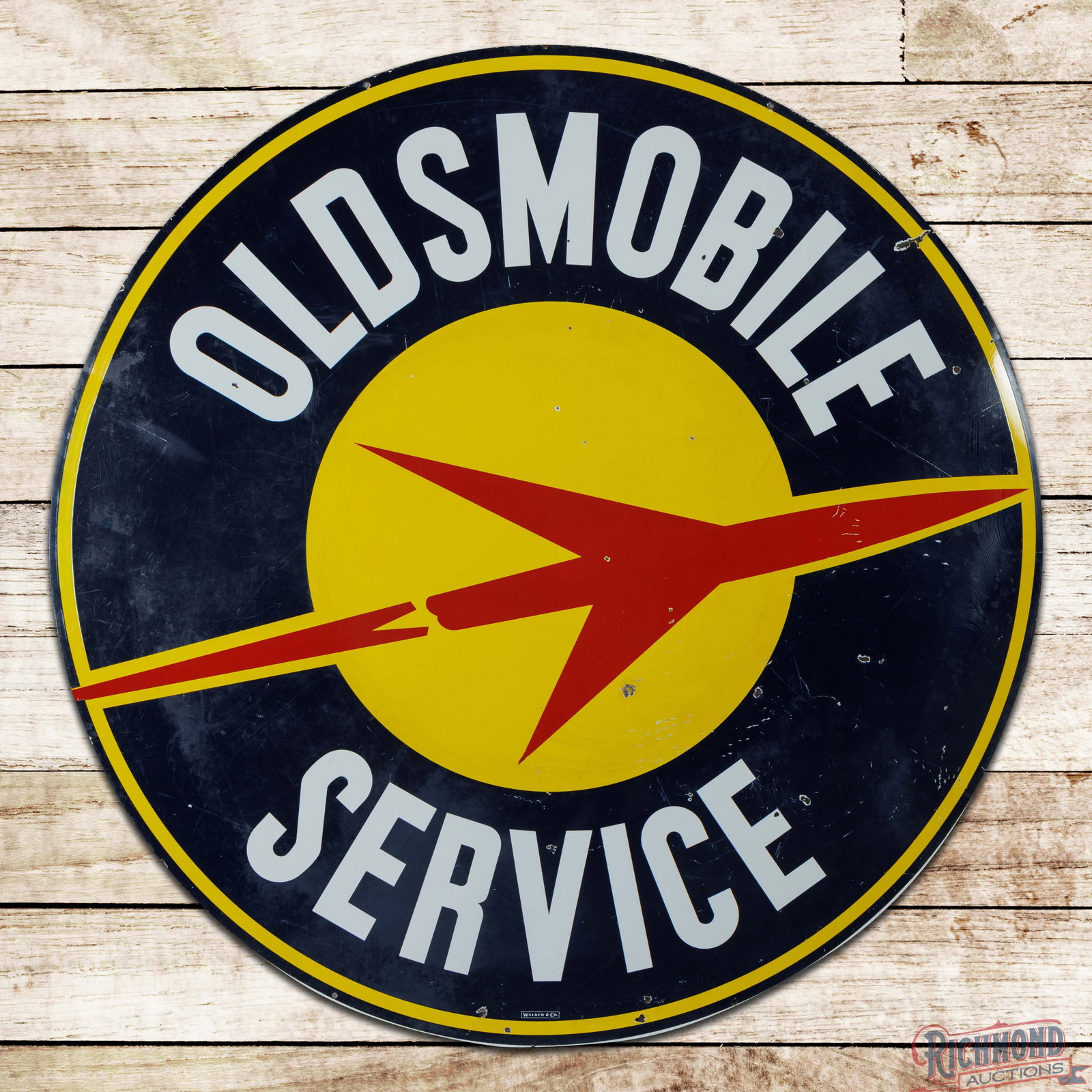 Rare Oldsmobile Service 60" Double Sided Porcelain Sign w/ Rocket Logo: Scarce DSP (double sided porcelain) Olds sign with rocket logo graphics has very good color. The display has small chips in the fields with light surface wear. The outer fields and perimeter have area