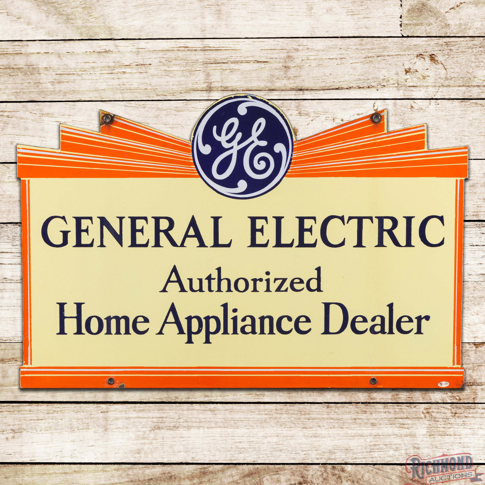 GE General Electric Authorized Home Appliance Dealer Double Sided Porcelain Sign w/ Logo: DSP (double sided porcelain) die cut sign has outstanding color and gloss. The display has a clean field. The perimeter has chips at the upper right mounting hole and lower edges. The reverse is in a 