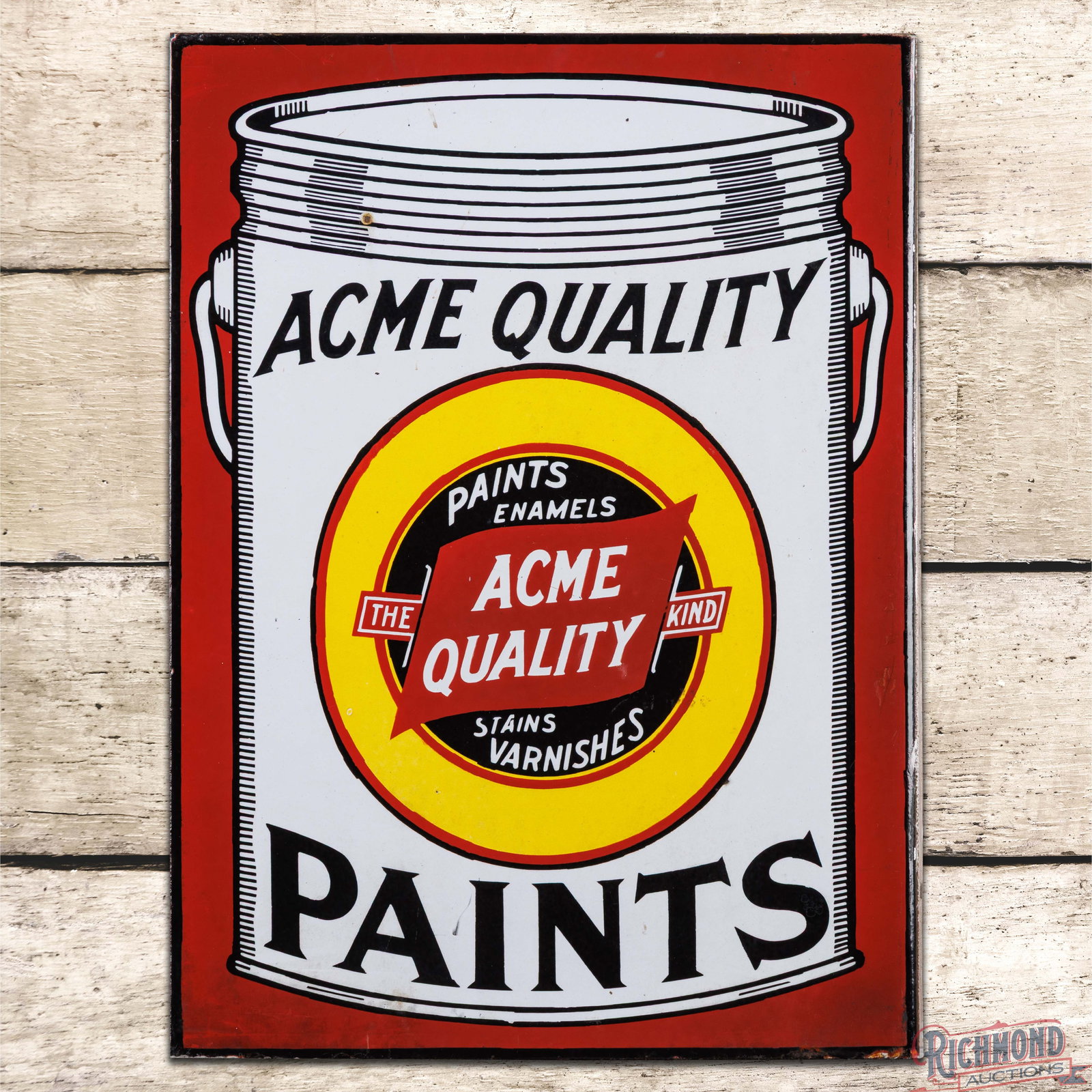 Acme Quality Paints Double Sided Porcelain Flange Sign w/ Logo: DSP (double sided porcelain) flange has outstanding color and gloss. Side #1 is very clean overall with minor marks and a factory blemish chip in the upper left field. The perimeter has minor discolor