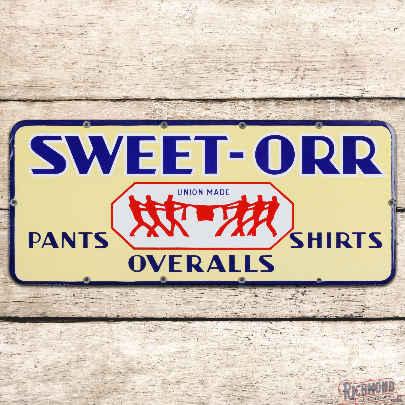 NOS Sweet Orr Union Made Overalls Pants Shirts Overalls 24" Single Sided Porcelain Sign w/ Logo (1 of 3)