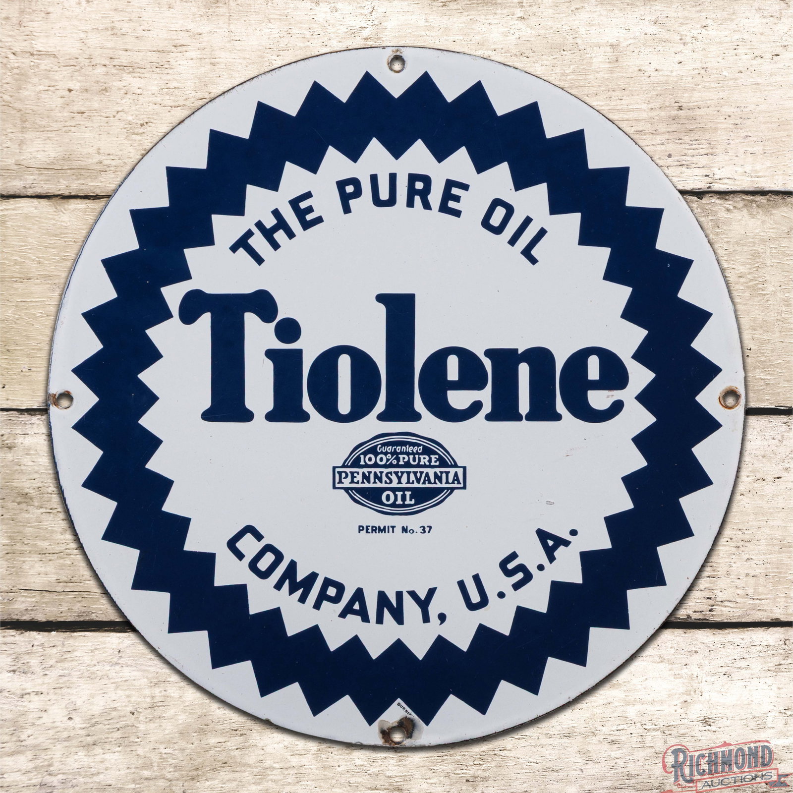 Tiolene The Pure Oil Company USA 15" Single Sided Porcelain Sign w/ PA Permit Logo: SSP (single sided porcelain) sign has excellent color and gloss. The field exhibits light surface wear with small factory blemishes in the right field. The perimeter has light wear with chips at two m