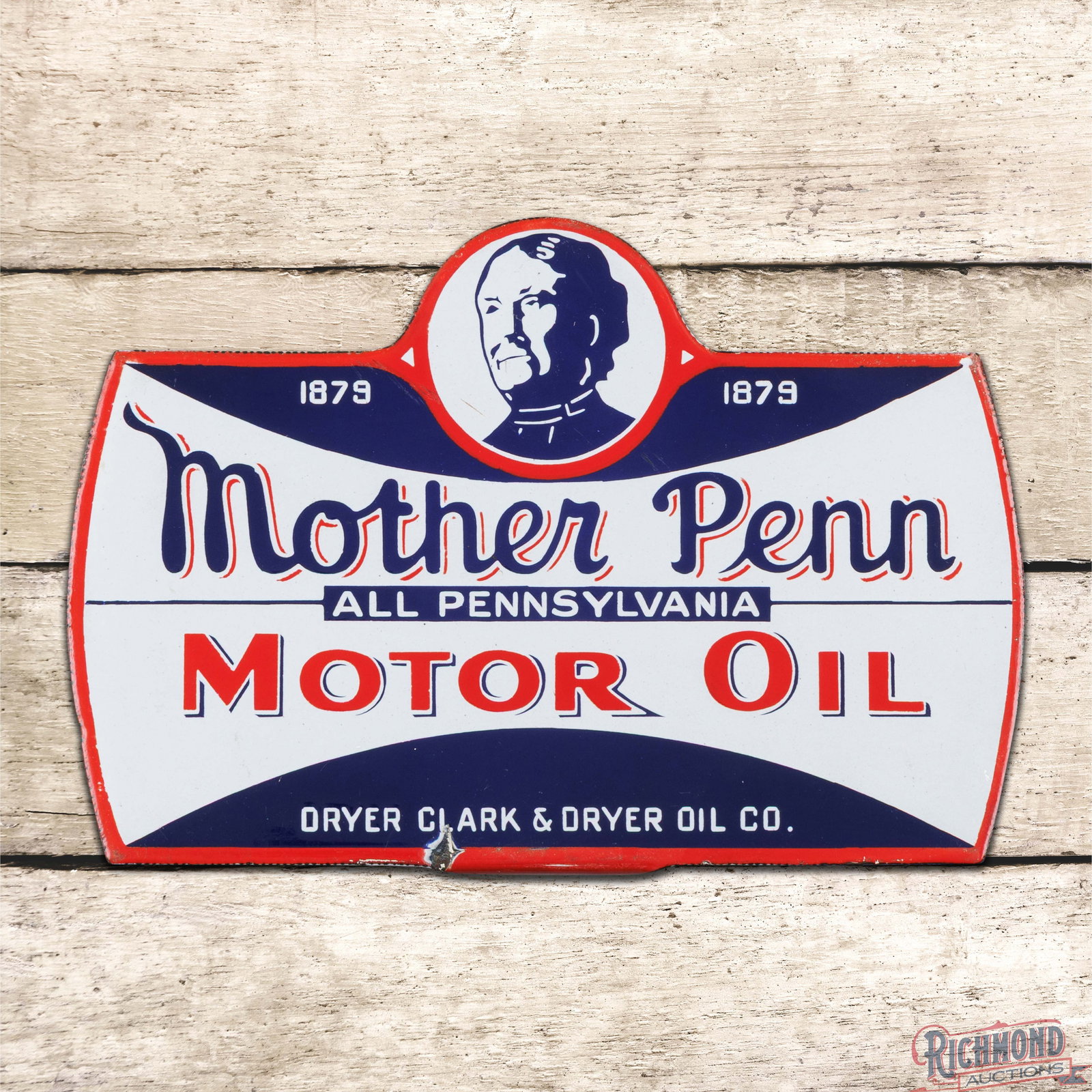 Mother Penn "All Pennsylvania" Motor Oil Double Sided Porcelain Lubester Sign w/ Logo: DSP (double sided porcelain) sign has excellent color and gloss. The display has a clean field with a small chip on the left-hand edge and a few flea bites along the lower edges. The reverse has a few