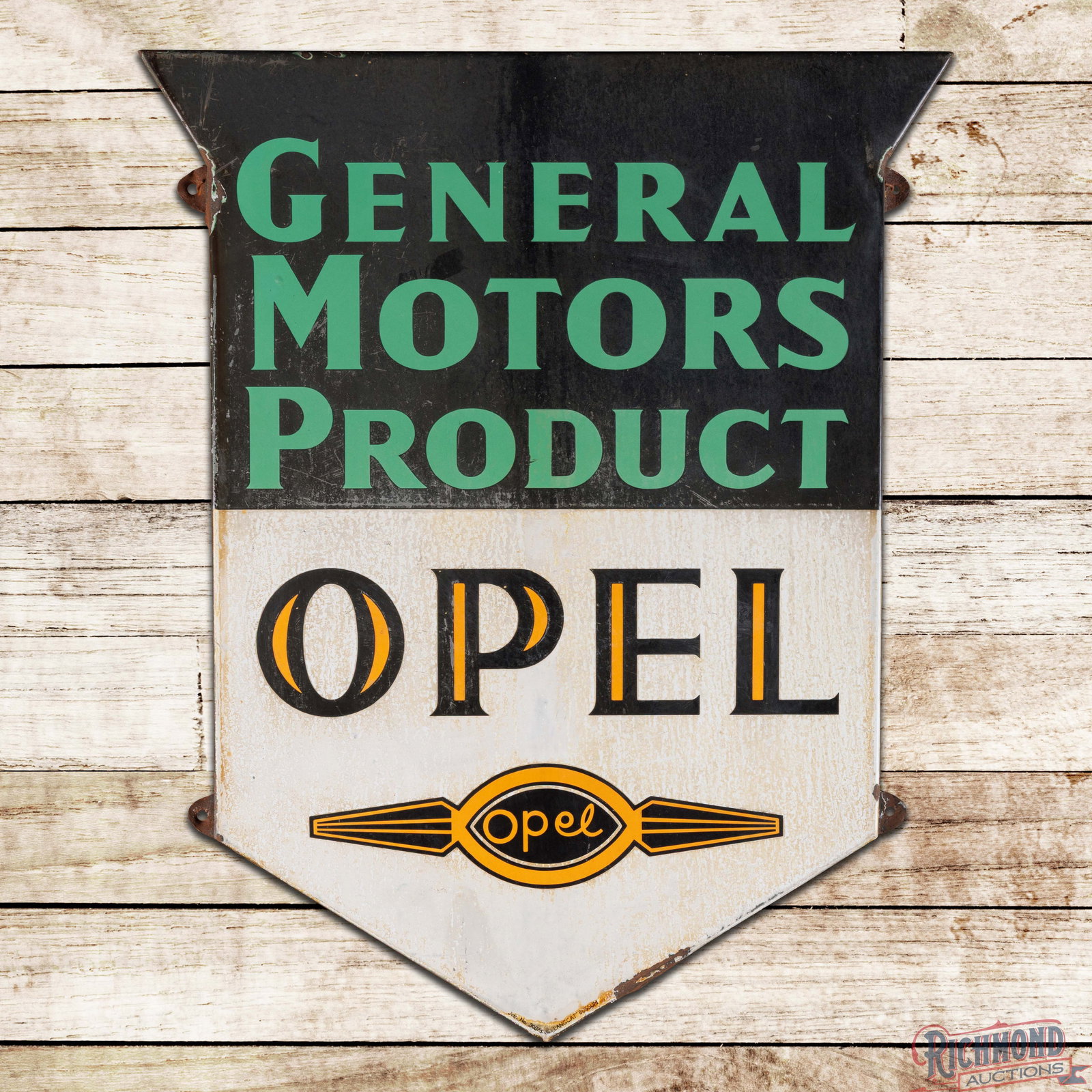 Scarce GM General Motors Product Opel Die Cut Single Sided Porcelain Sign w/ Logo: SSP (single sided porcelain) rolled-edge sign has good color and moderate gloss. The field has areas of surface wear with lower gloss and discoloration in the white and black porcelain enamel. The per