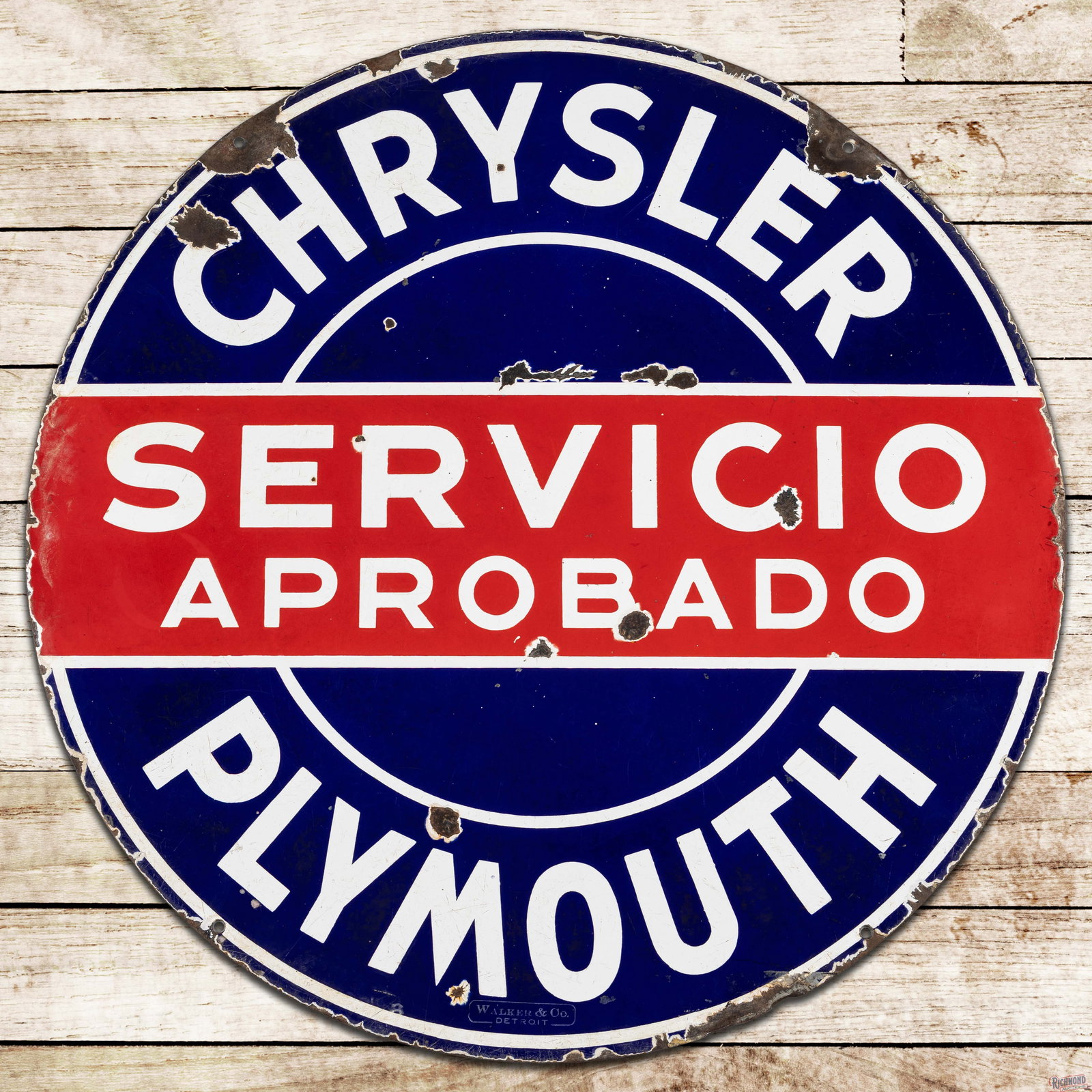 Rare Chrysler Plymouth Servicio Aprobado 30" Double Sided Porcelain Sign: DSP (double sided porcelain) sign has good color and gloss. The display has surface wear with chips in the fields. The perimeter has edge wear with minor bends and areas of porcelain loss. The reverse