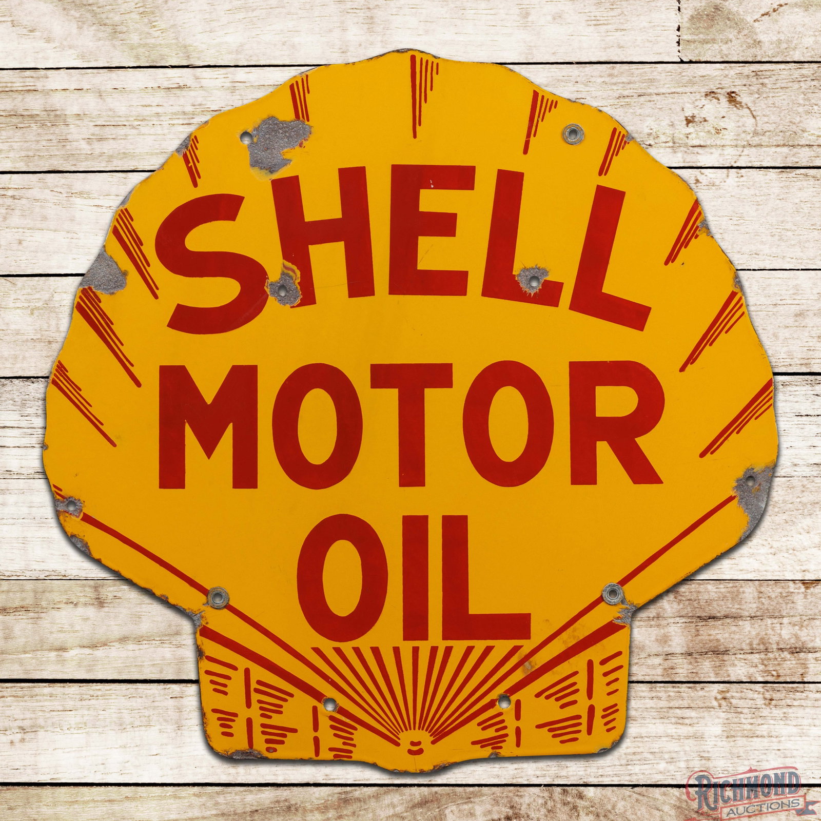 Shell Motor Oil 25" Double Sided Porcelain Sign: DSP (double sided porcelain) sign has excellent color and gloss. The field exhibits light surface wear with two non-factory holes with chips in the upper "Shell" lettering. The outer field has a chip 