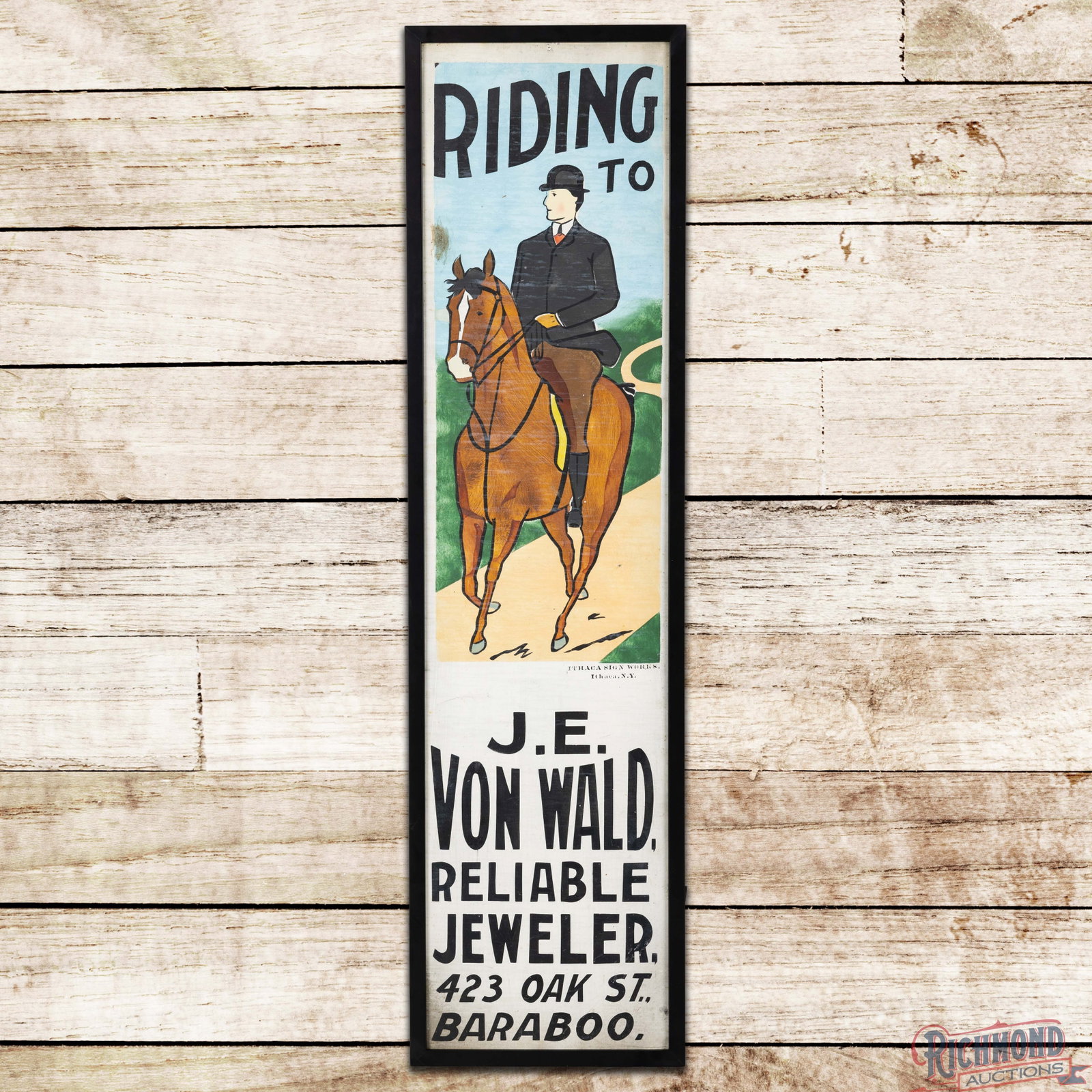Riding to J.W. Von Wald Reliable Jeweler Baraboo Wis Single Sided Tin Ithaca Sign w/Equestrian Horse (1 of 3)