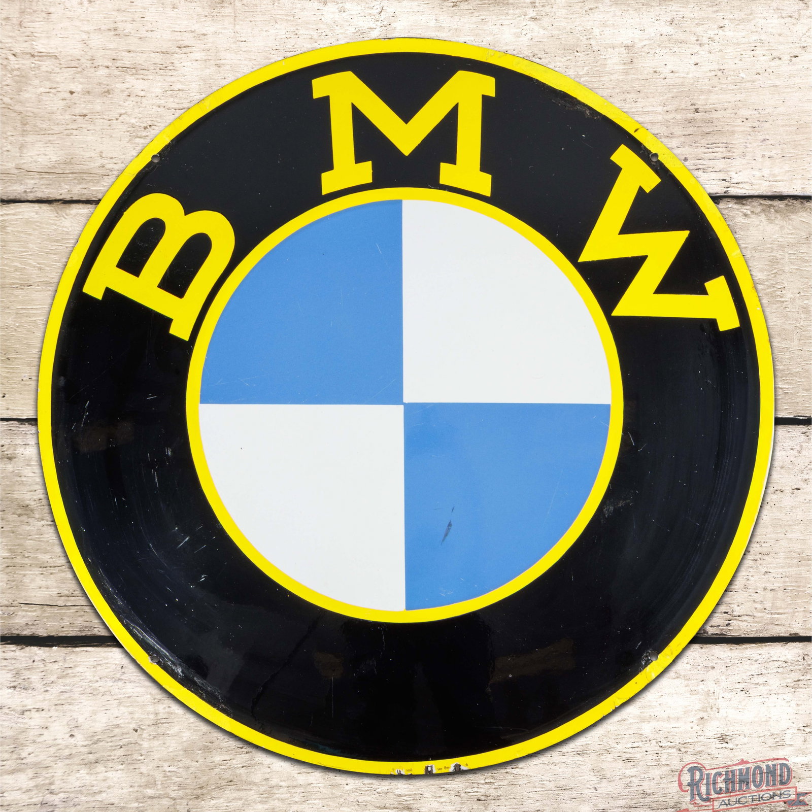 BMW Motorcycles 23.5" Convex Single Sided Porcelain Sign w/ Logo: SSP (single sided porcelain) convex sign has excellent color and gloss. The display has light wear with a mark in the lower edge of the logo. The perimeter has color matched chips with small bends alo