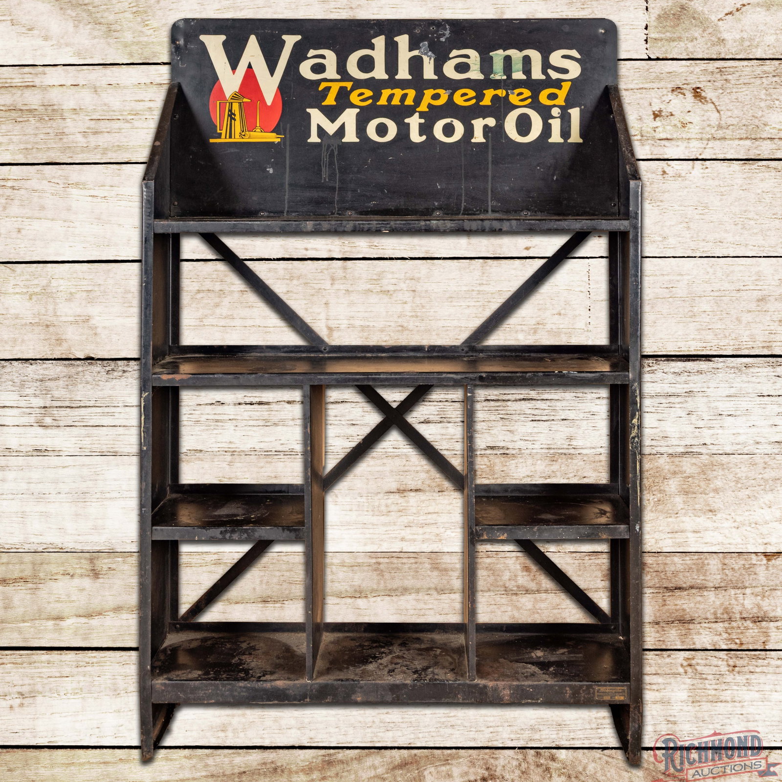 Rare Wadham's Tempered Motor Oil Advertising Display Rack w/ Logo: Single sided metal advertising display rack has very good color and shine. The sign portion has paint chips, discoloration, errant paint, retouched red paint in the logo and non-factory holes on the u