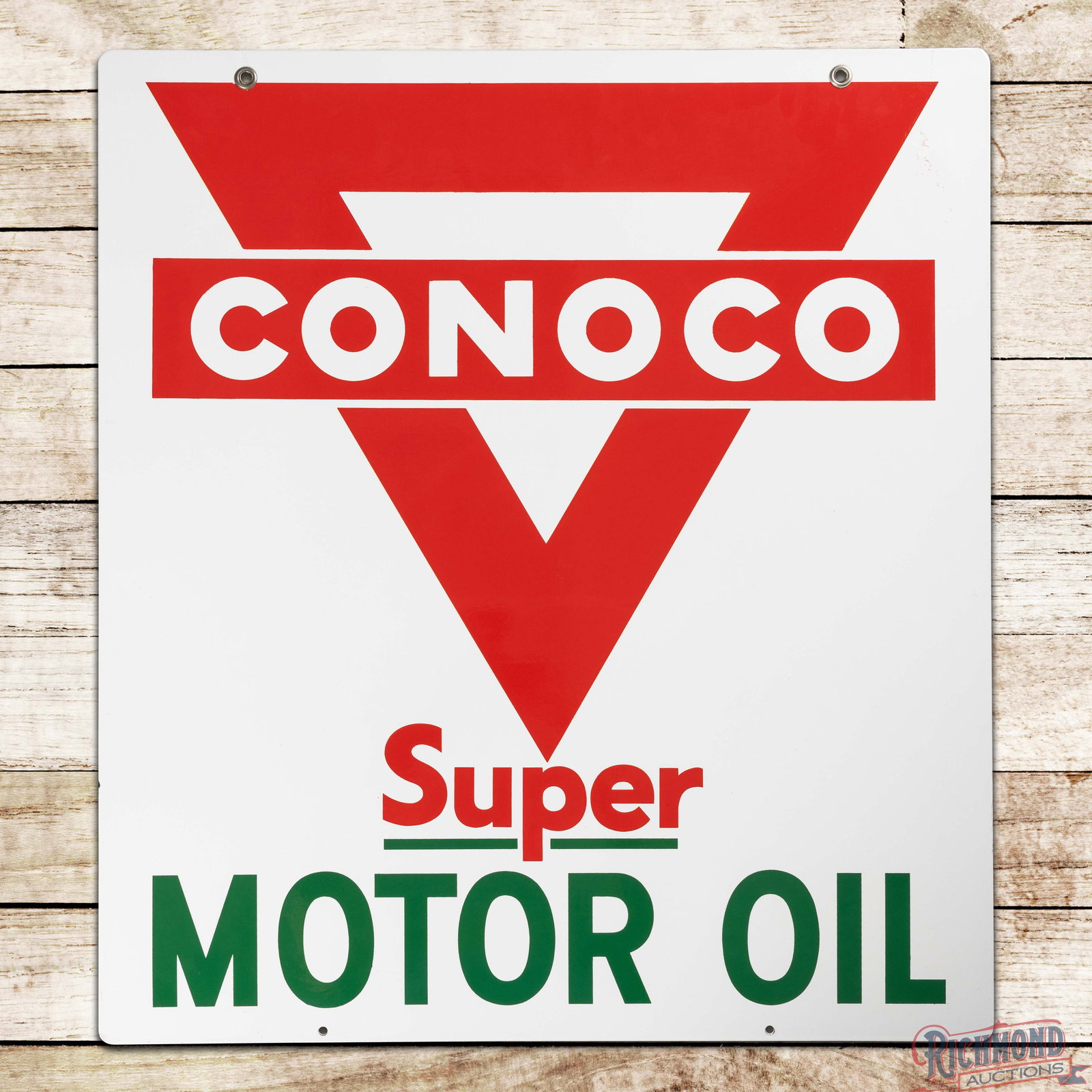 Conoco Super Motor Oil Double Sided Porcelain Sign w/ Logo: DSP (double sided porcelain) sign has outstanding color and gloss. Side #1 has an exceptionally clean field and perimeter with areas of minor faint cloudiness in the lower "Motor Oil" lettering. The r