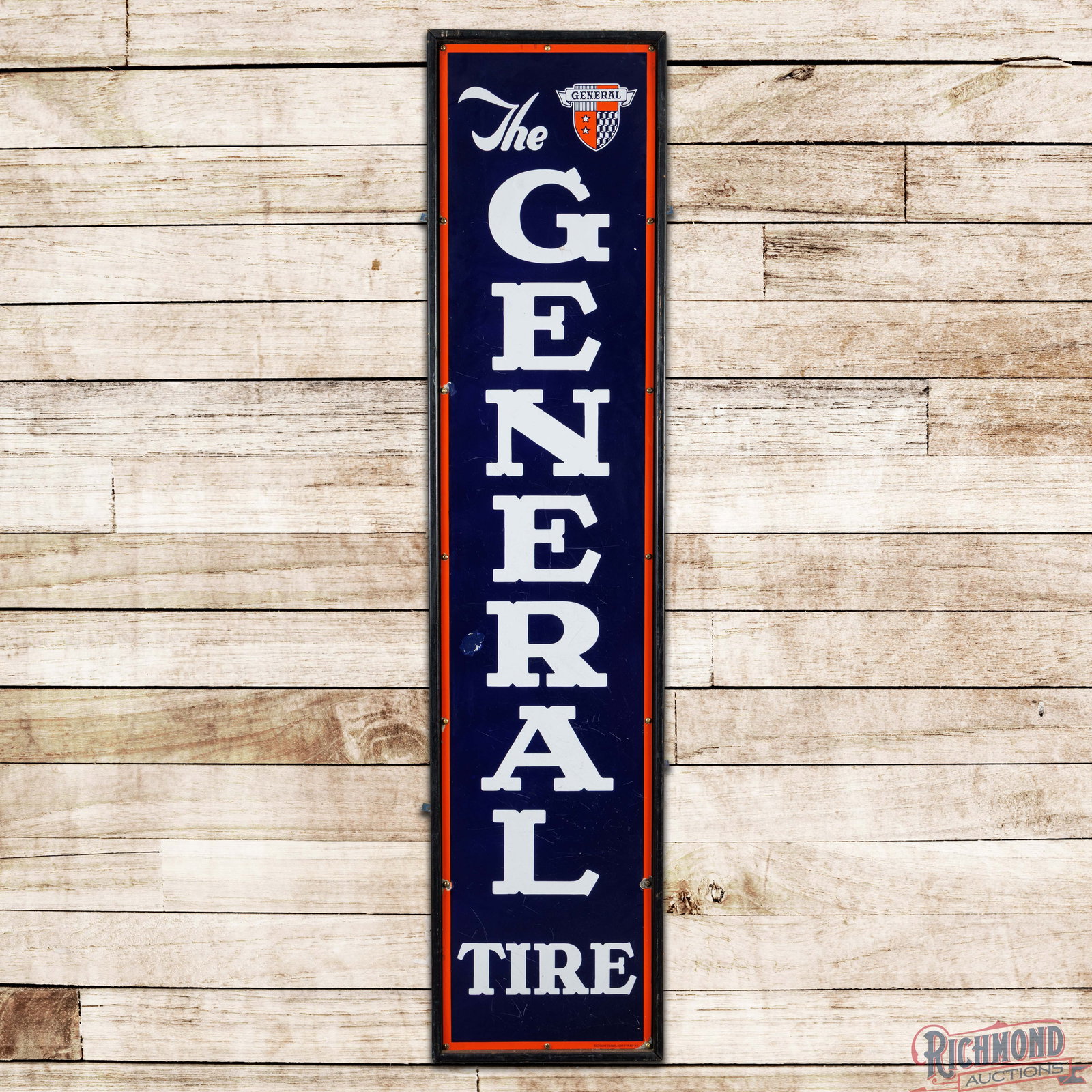 The General Tire 6.5' Single Sided Porcelain Sign w/ Logo: SSP (single sided porcelain) sign with an added wooden frame has very good color and gloss. The field has fine scratches with a bruise in the "G" and a color matched chip to the left of the "R". The p
