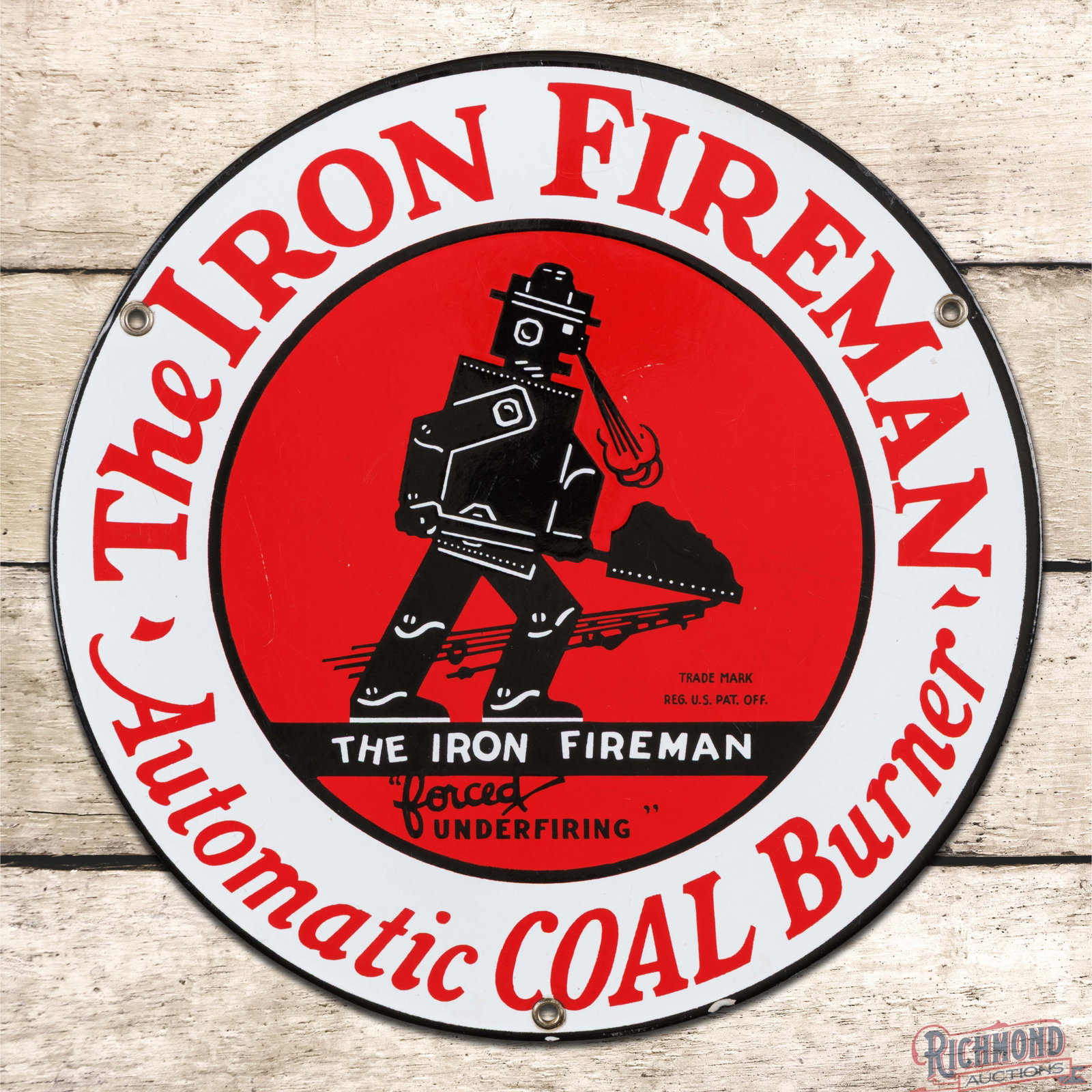 The Iron Fireman Automatic Coal Burner 12" Single Sided Porcelain Sign w/ Logo (1 of 3)