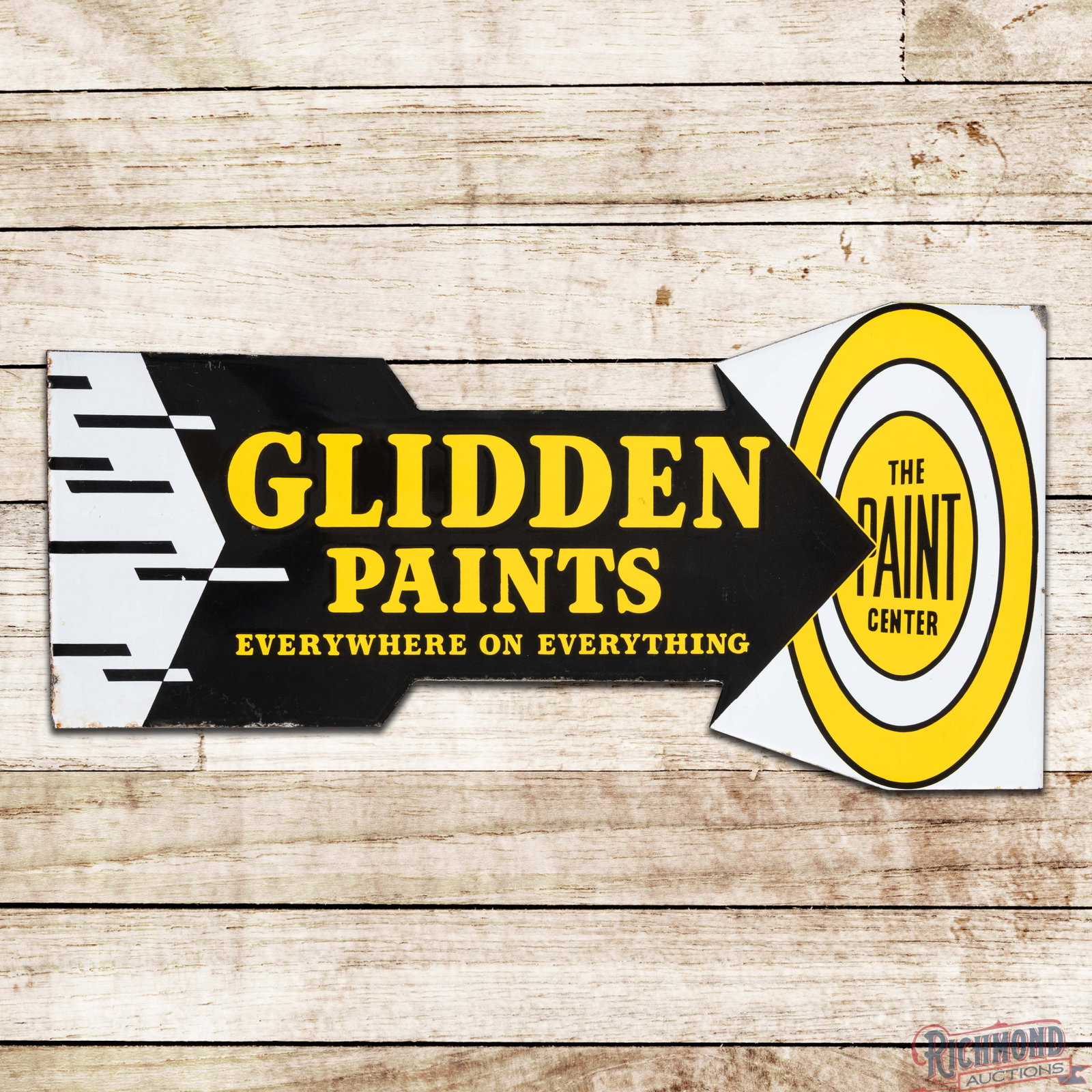 Scarce Glidden Paints "Everywhere on Everything" Double Sided Porcelain Flange Sign: DSP (double sided porcelain) die cut flange has excellent color and gloss. Side #1 has a clean field with small chips and minor discoloration along the outer edges. The reverse has areas of cloudiness