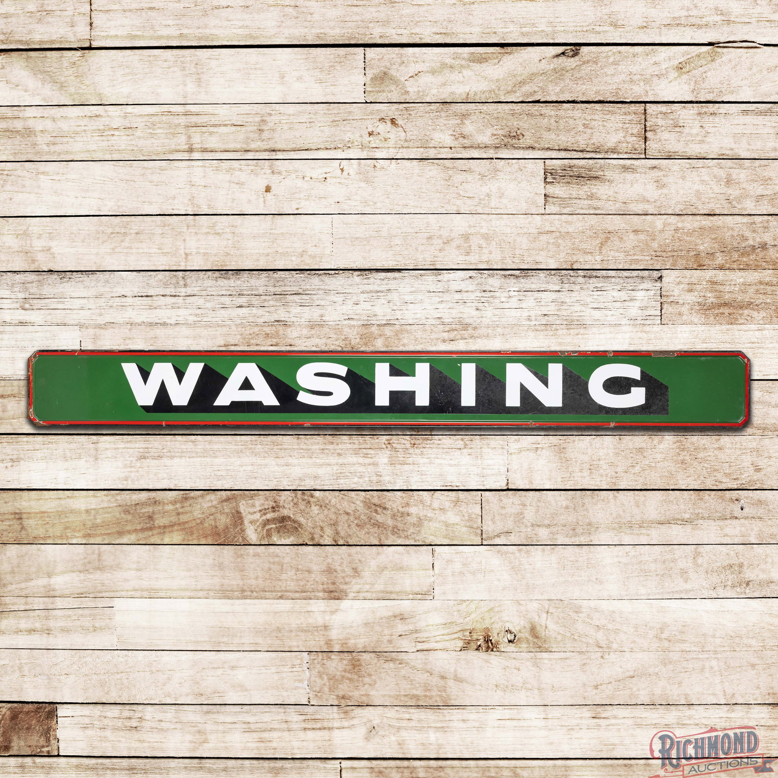 Sinclair Washing 7' Horizontal Single Sided Porcelain Sign: SSP (single sided porcelain) self-framed sign has good color and gloss. The field has light wear with fine scratches and cloudiness to the black porcelain enamel in the center and right fields. The pe