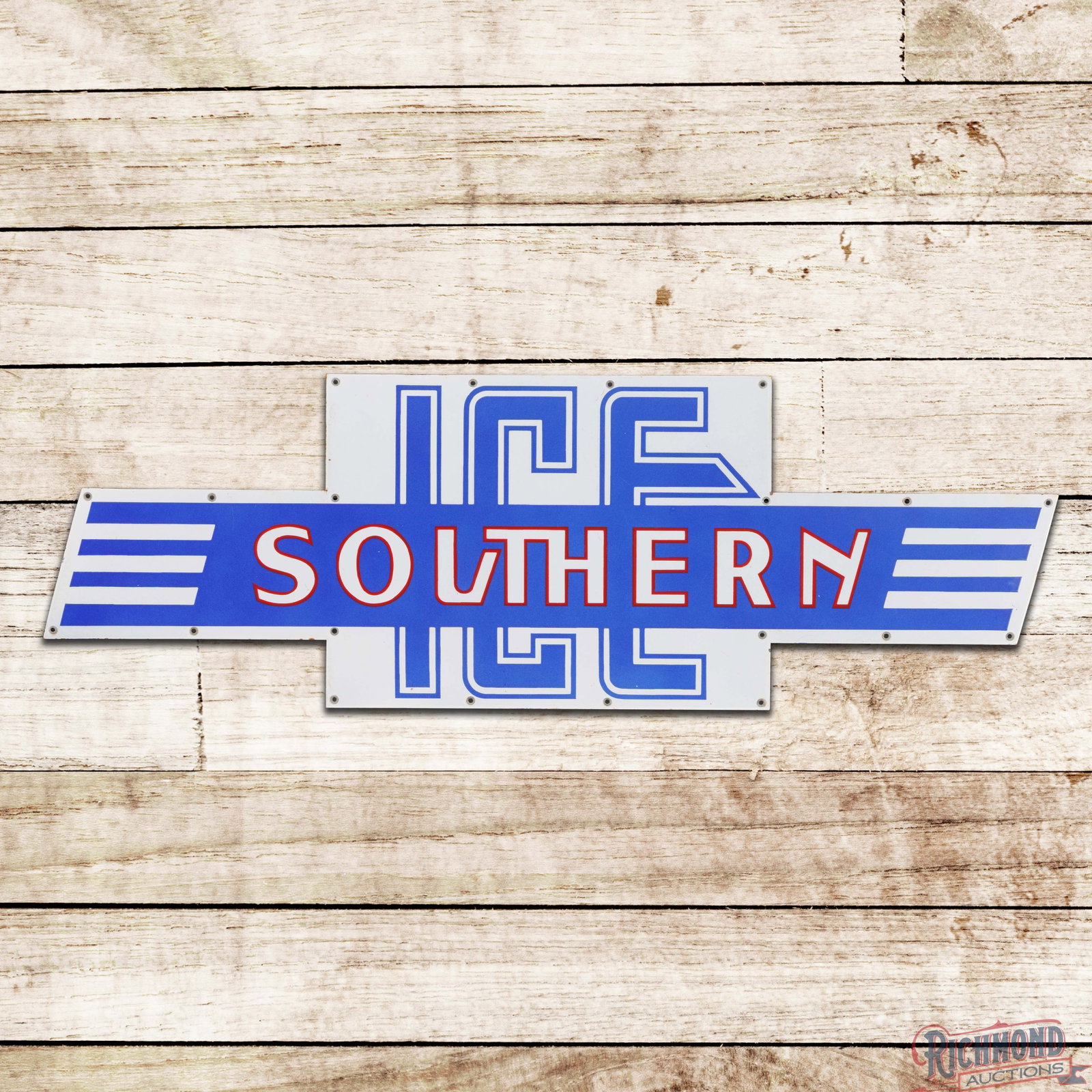 Southern Ice 48" Die Cut Single Sided Porcelain Sign: SSP (single sided porcelain) die cut sign has outstanding color and gloss. The fields are clean. The perimeter has a few tiny chips with areas of minor discoloration. All twenty factory grommets are p