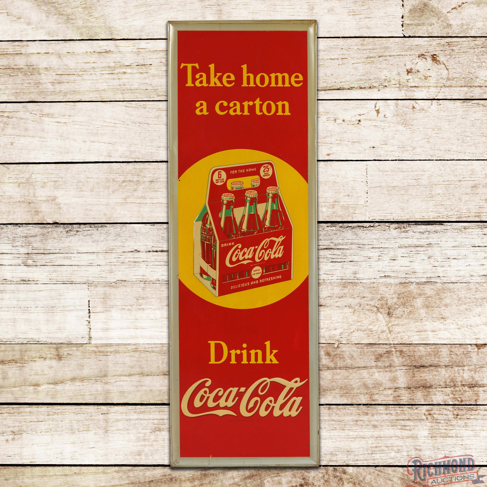 1942 Take Home a Carton Drink Coca Cola 4.5' Emb. Single Sided Tin Sign w/ 6 Pack: SST (single sided tin) embossed self-framed Coke sign has excellent color and shine. The sign has slight toning throughout with minor surface imperfections in the fields, a few tiny white errant paint