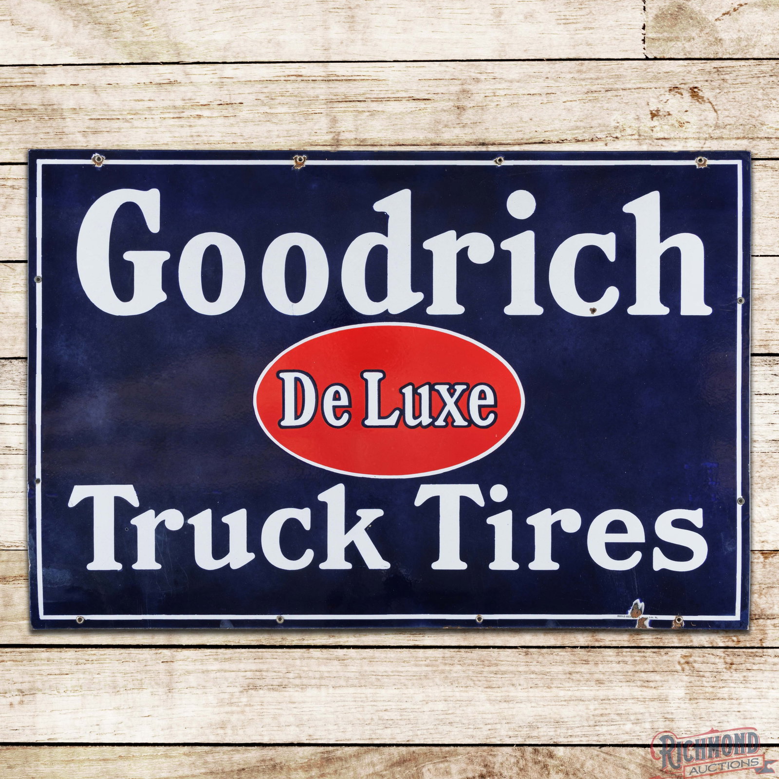Goodrich Deluxe Truck Tires 36" Single Sided Porcelain Sign w/ Logo: SSP (single sided porcelain) sign has very good color and gloss. The field has minor surface imperfections, a tiny non-factory hole with chip in the "C" of Goodrich and slight cloudiness in the outer 