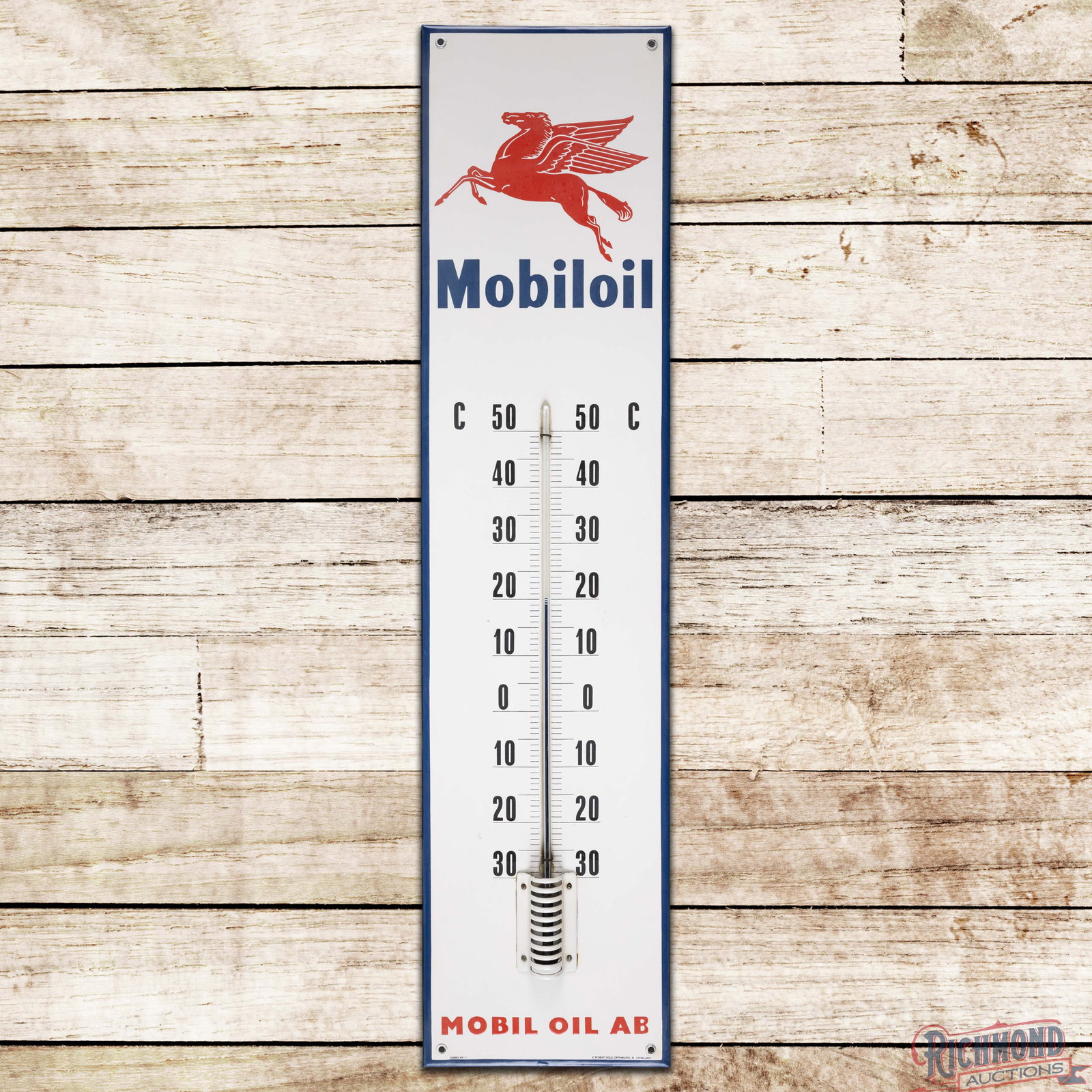 Rare Mobiloil "Mobil Oil AB" 46" Single Sided Porcelain Thermometer w/ Pegasus (1 of 3)