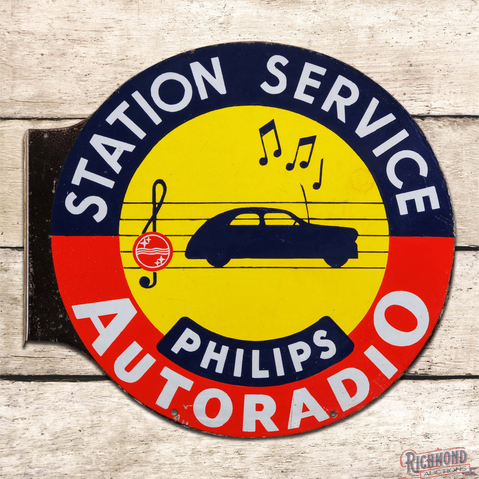Philips Auto Radio Station Service Double Sided Porcelain Flange Sign w/ Car & Music Notes: DSP (double sided porcelain) flange has excellent color and gloss. Side #1 has light surface wear throughout. The perimeter has minor crazing along the lower edges with small chips along the edges. Th