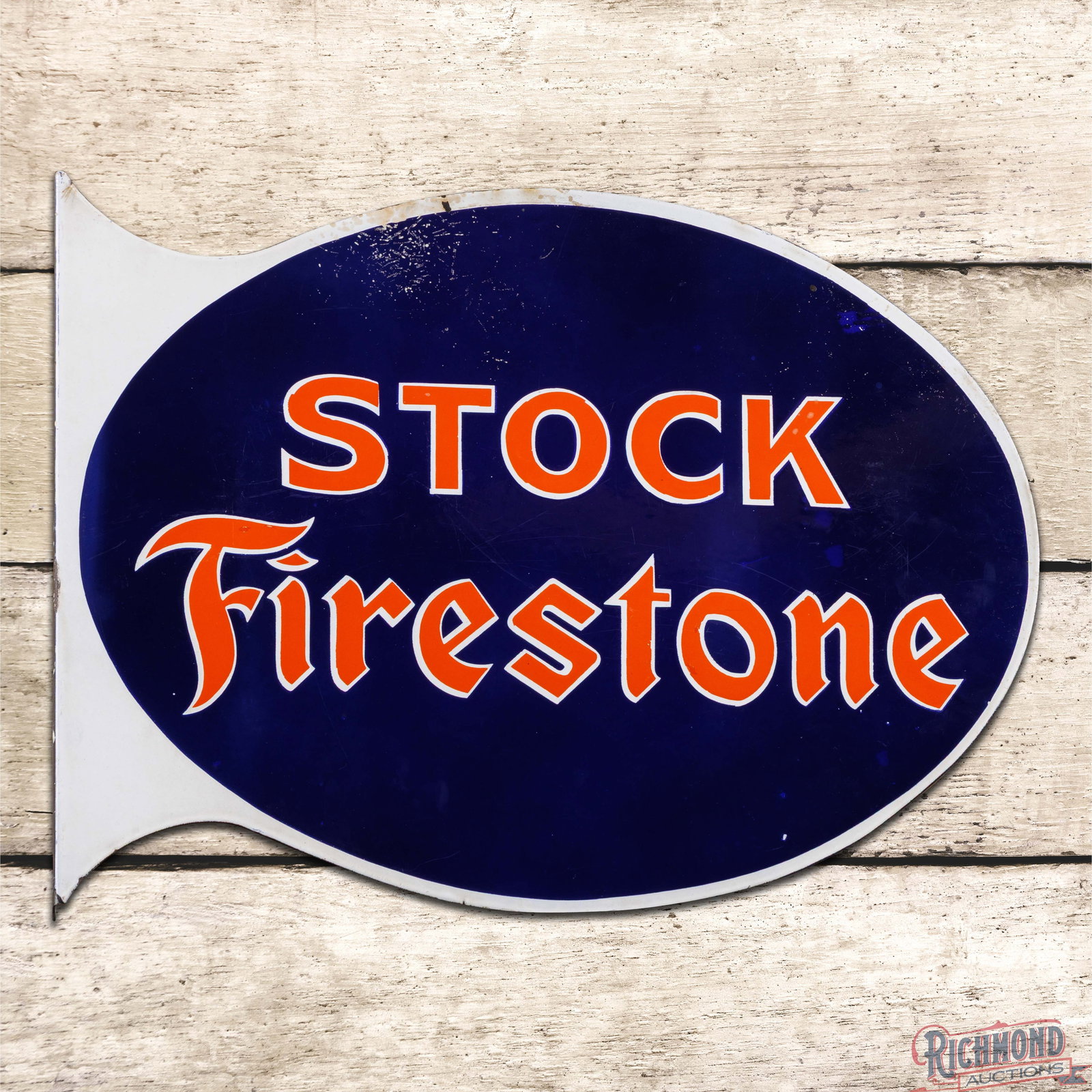 Stock Firestone Tires Double Sided Porcelain Flange Sign: DSP (double sided porcelain) flange has excellent color and gloss. Side #1 has light wear with fine scratches in the fields. The perimeter has small edge chips with larger chips on the inner flange. T