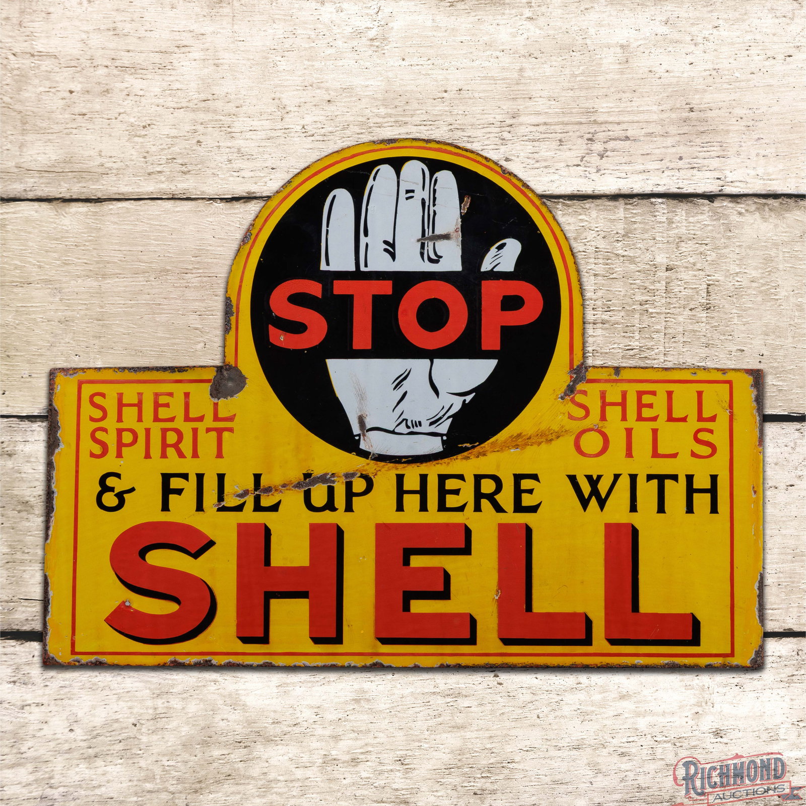 Scarce Early Shell Spirit Oils "Fill Up Here" Double Sided Porcelain Sign w/ Stop Hand: DSP (double sided porcelain) sign has good color and gloss. The sides have a 1" mounting flange. The display has fine scratches with small chips and crazing in the fields. The perimeter has two non-fa