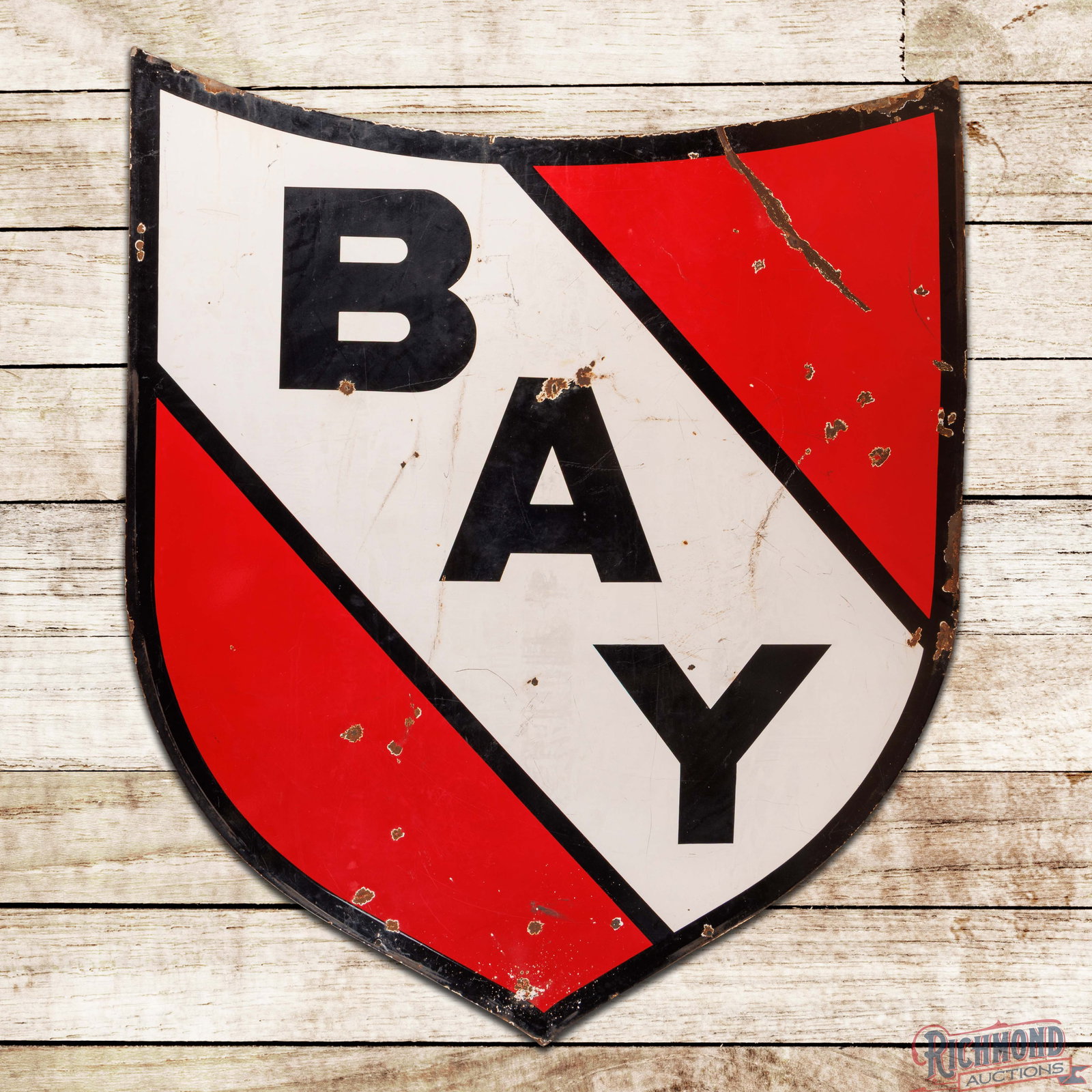 Bay Gasoline 6' Double Sided Porcelain ID Sign: DSP (double sided porcelain) die cut sign has good color and gloss. The display has general wear with chips, crazing, with areas of lower gloss. The upper right outer field and perimeter have bends wi
