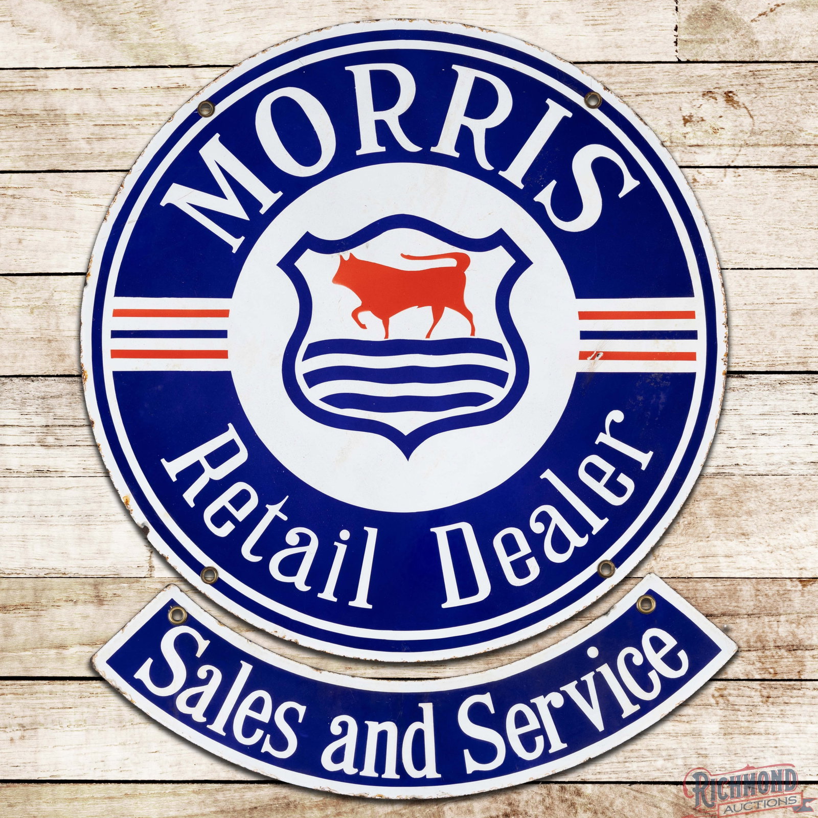 Morris Retail Dealer Sales and Service Double Sided Porcelain 2-Piece Sign: DSP (double sided porcelain) two-piece sign has excellent color and gloss. Side #1 has a bruise in the field with fine scratches and discoloration in the outer fields. The perimeter has small edge chi