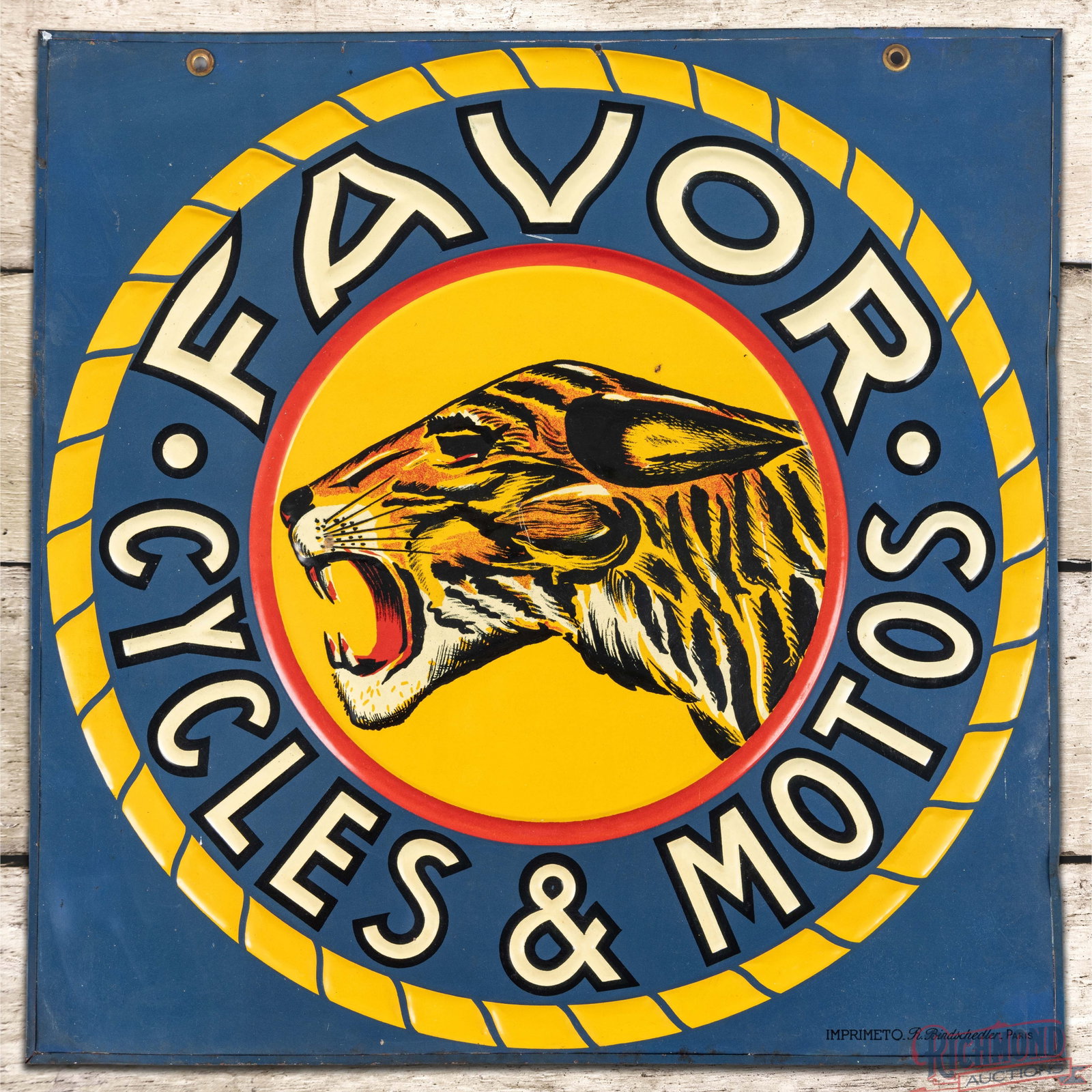 Favor Cycles & Motos Emb. Double Sided Tin Sign w/ Leopard Logo (1 of 3)