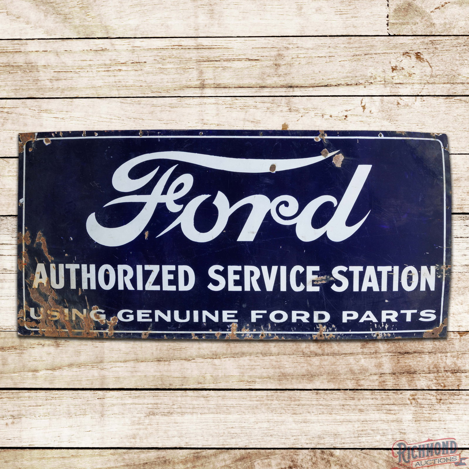 Ford Authorized Service Station Genuine Ford Parts 5' Single Sided Porcelain Sign: SSP (single sided porcelain) sign has very good color and gloss. The sign exhibits an outward bow. The display has general surface wear with chips, crazing and fine scratches. The perimeter has heavie