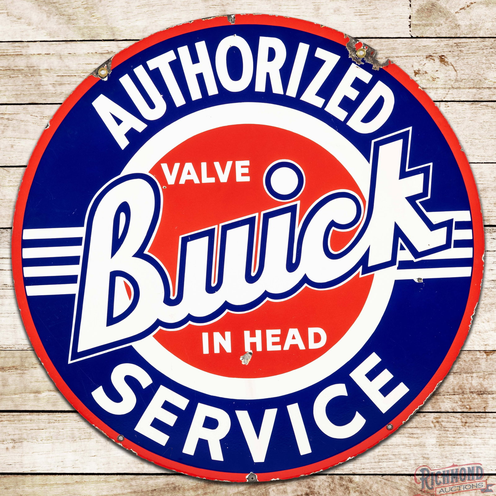 Buick Valve in Head Authorized Service 42" Double Sided Porcelain Sign: DSP (double sided porcelain) sign has excellent color and gloss. Side #1 has chips in the fields with minor staining in the lower field. The perimeter has chips at the mounting holes and edges with tw