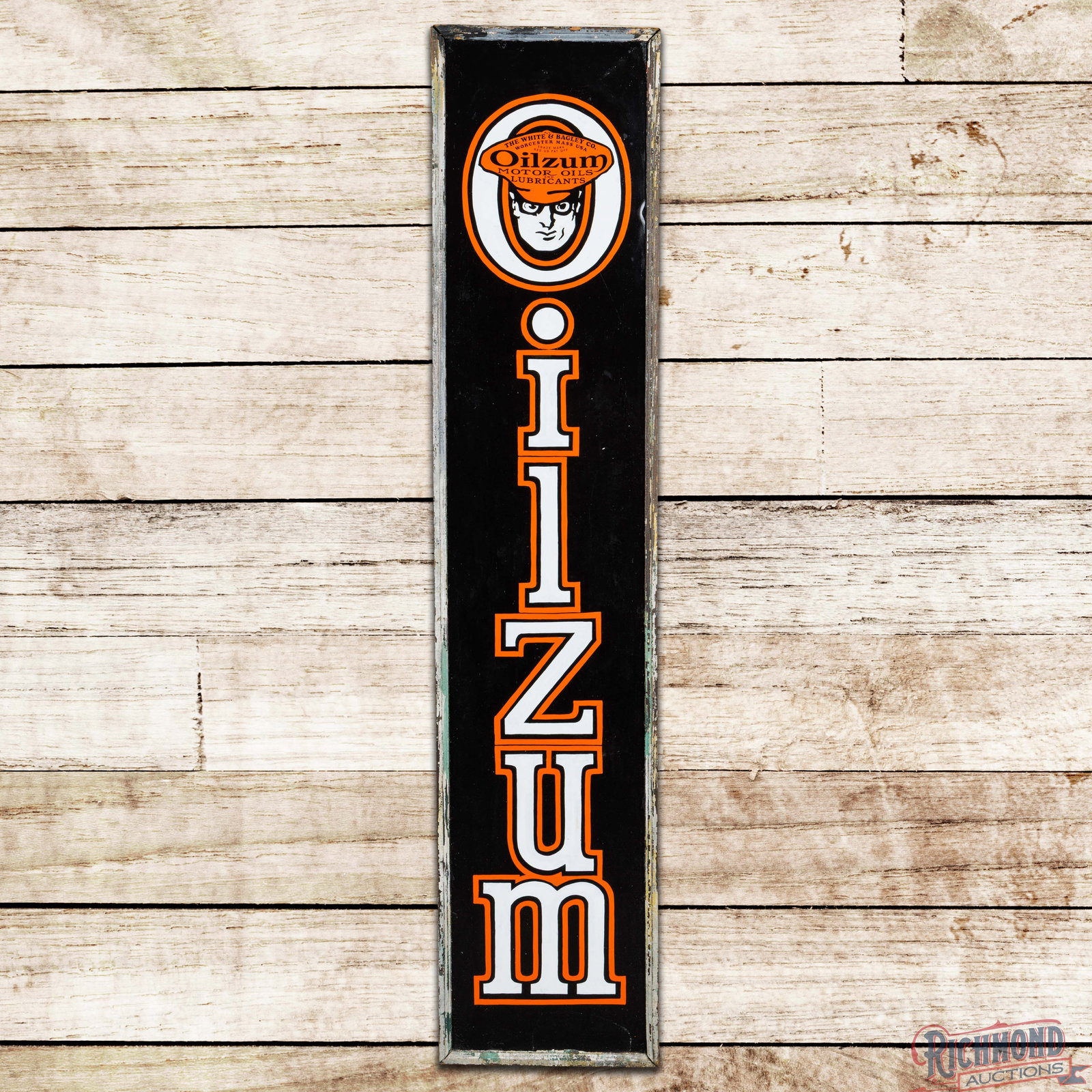 Oilzum Motor Oils and Lubricants 5' Single Sided Tin Wood Framed Sign w/ Oswald: SST (single sided tin) sign with the factory wooden frame has good color and shine. The field and perimeter have been restored. The finish has areas of wear with light bends, fine scratches and surfac