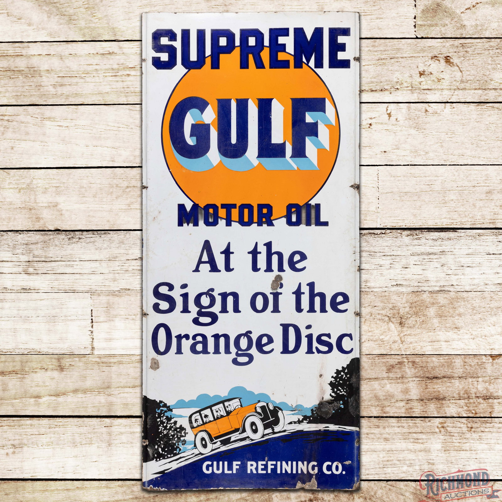 Gulf Supreme Motor Oil "At the Sign of the Orange Disc" Single Sided Porcelain Lighthouse Sign: SSP (single sided porcelain) sign has good color and gloss. The display has areas of general wear with chips, fine scratches, discoloration and cloudiness. The lower right outer field and edge has col