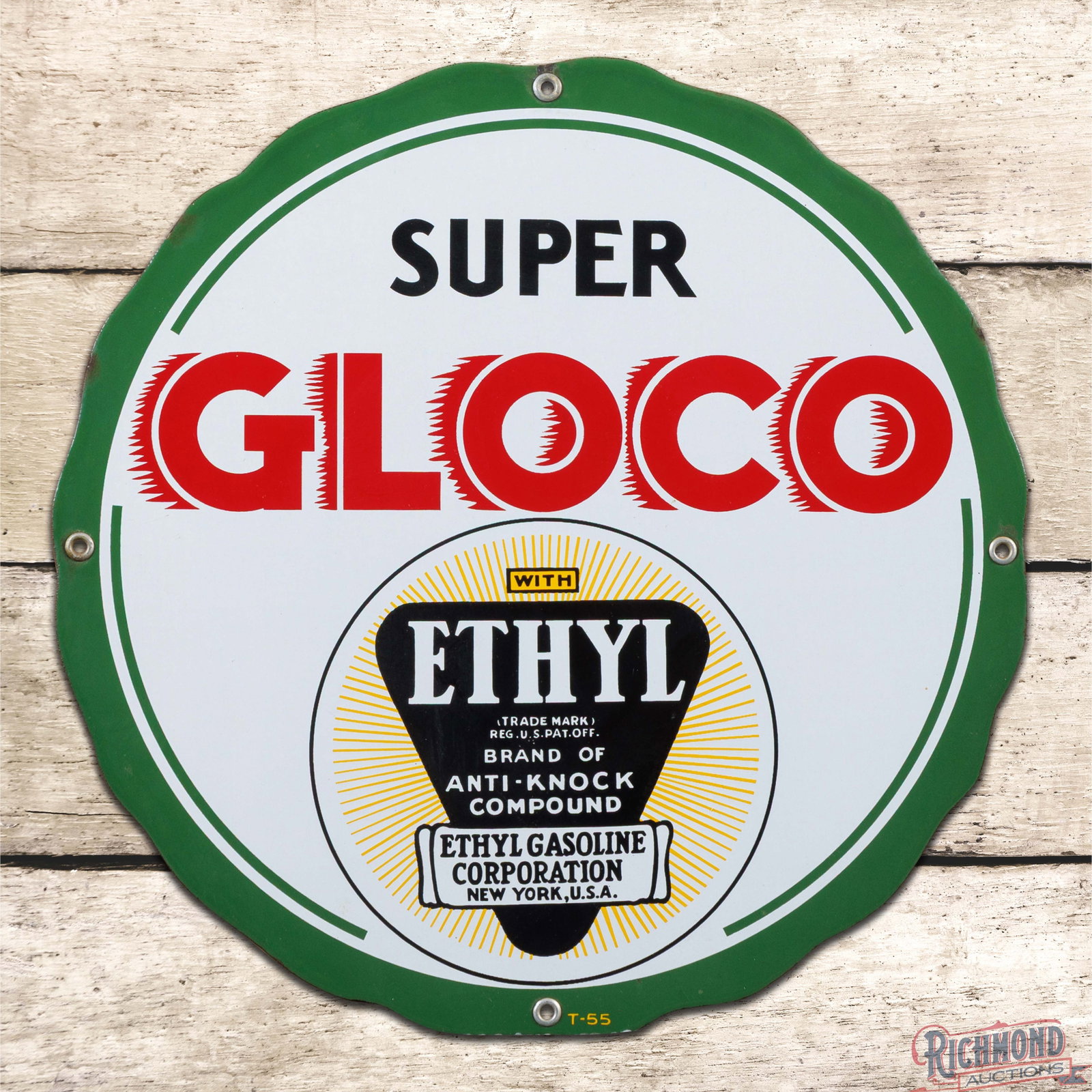 Super Gloco Ethyl Gasoline 13.5" Single Sided Porcelain Pump Plate Sign w/ Logo: SSP (single sided porcelain) die cut pump plate sign has excellent color and gloss. The fields are clean. The perimeter has areas of minor discoloration and a tiny chip on the upper edge at 12 o'clock