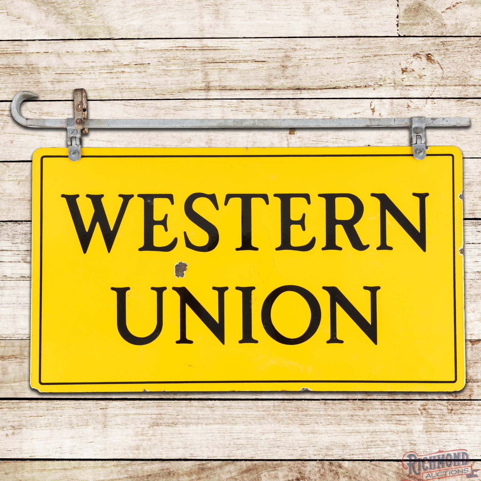 Western Union 30" Yellow Double Sided Porcelain Sign w/ Hanger: DSP (double sided porcelain) sign with the factory hanger has excellent color and gloss. The display has a chip in the right field with minor surface wear. The perimeter has a chip at the upper left m