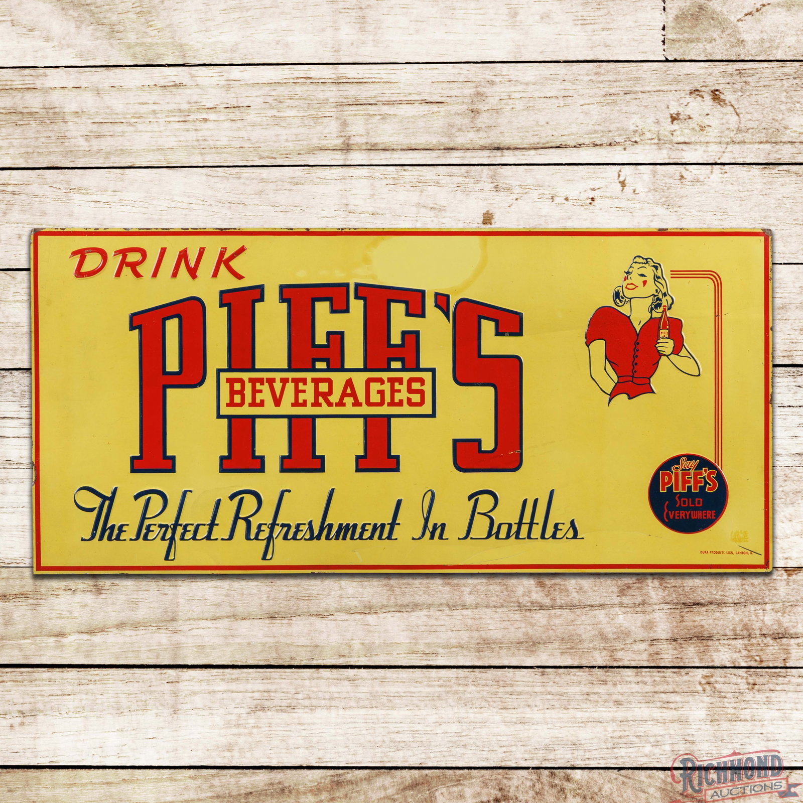Drink Piff's Beverages "The Perfect Refreshment in Bottles" Emb. Single Sided Tin Sign w/ Lady: SST (single sided tin) embossed sign has very good color and shine. The display has light wear, bends and paint chips. The perimeter has areas of discoloration with additional bends and paint chips. M